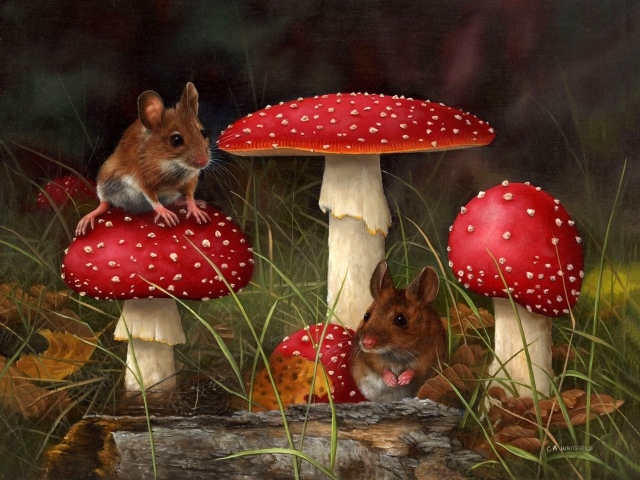 Free download wallpaper Nature, Fall, Mushroom, Mouse, Painting, Artistic on your PC desktop