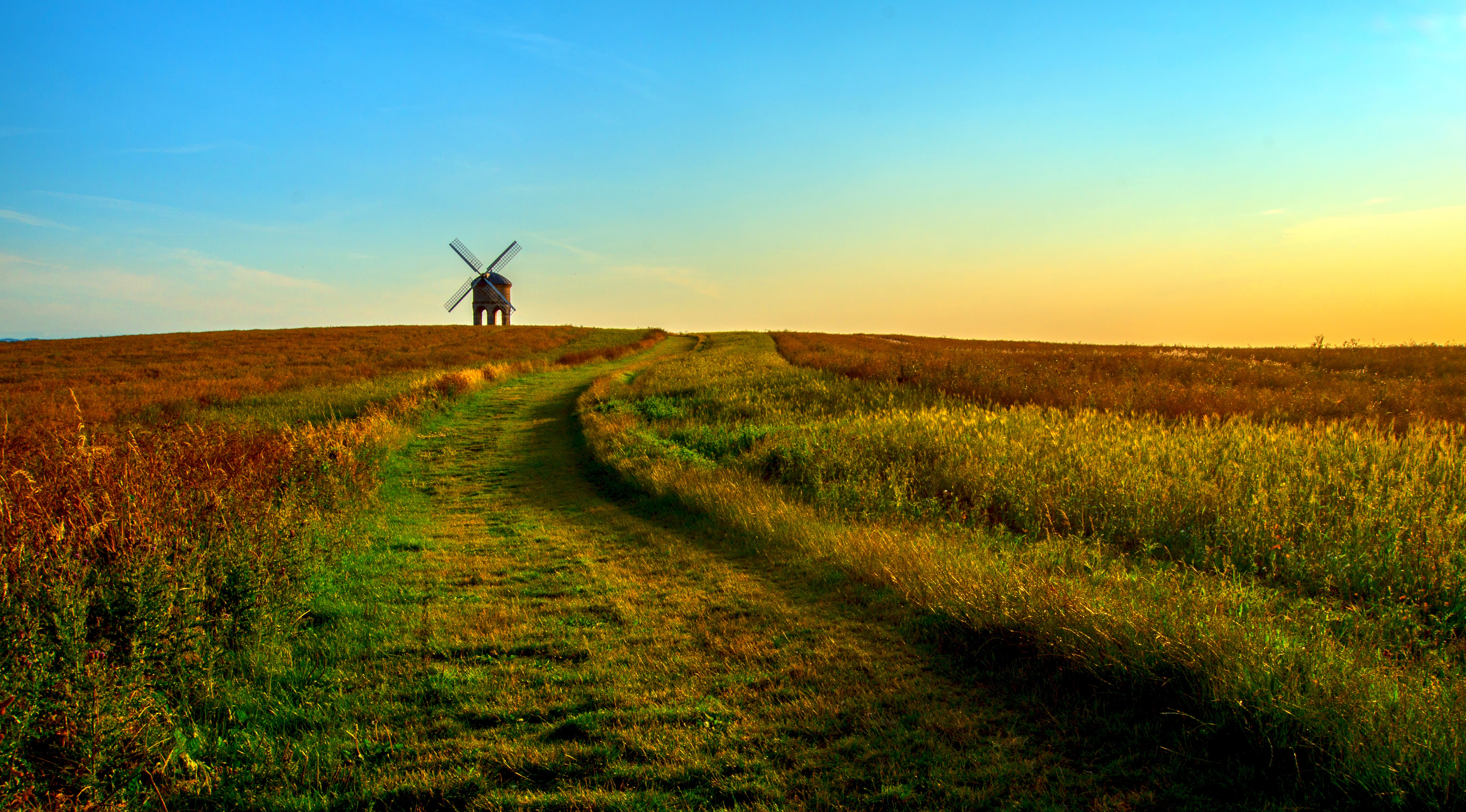 mill, nature, sunset, grass, summer, horizon, field Phone Background