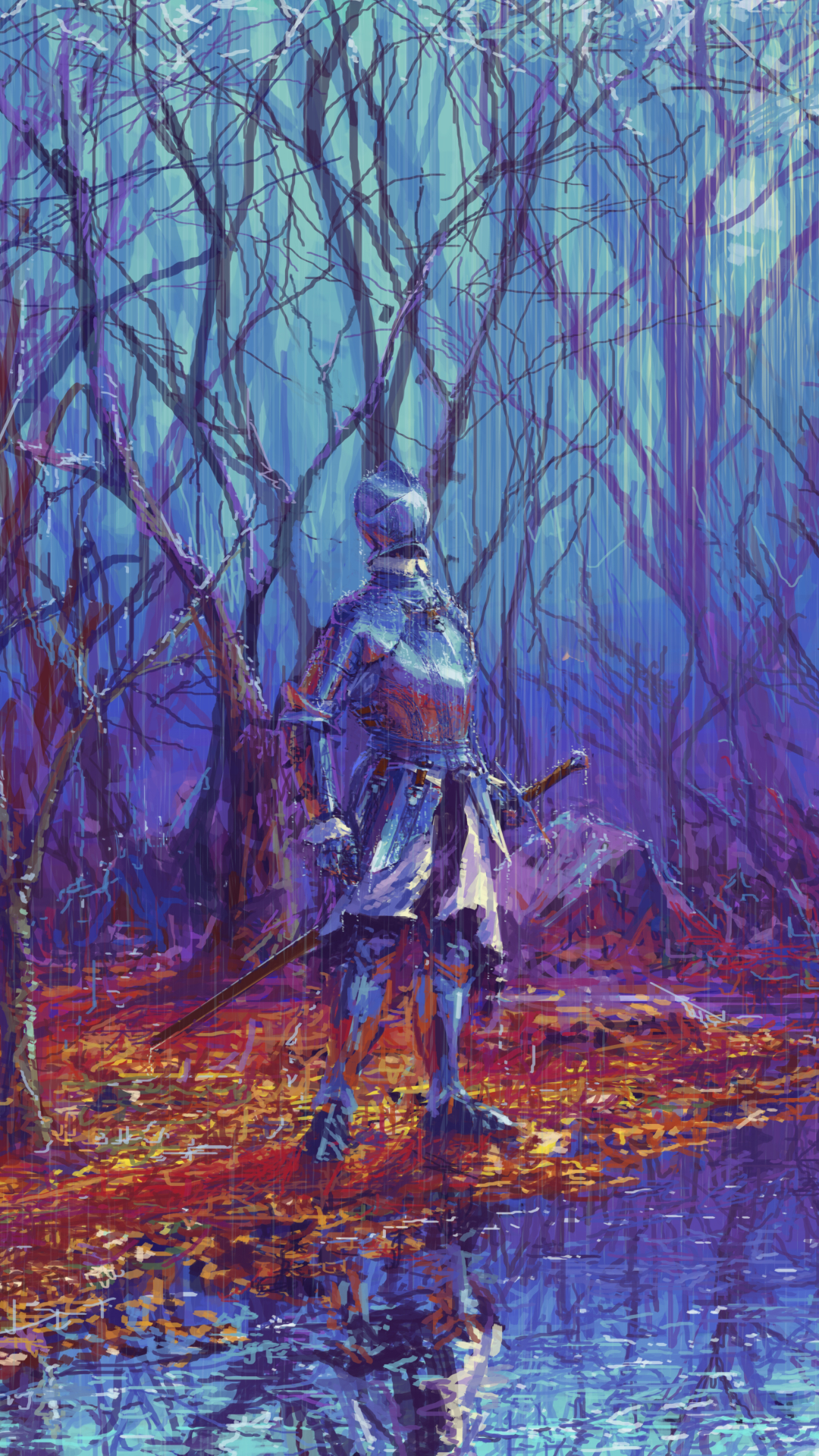 Download mobile wallpaper Fantasy, Rain, Forest, Stream, Warrior, Knight, Armor for free.
