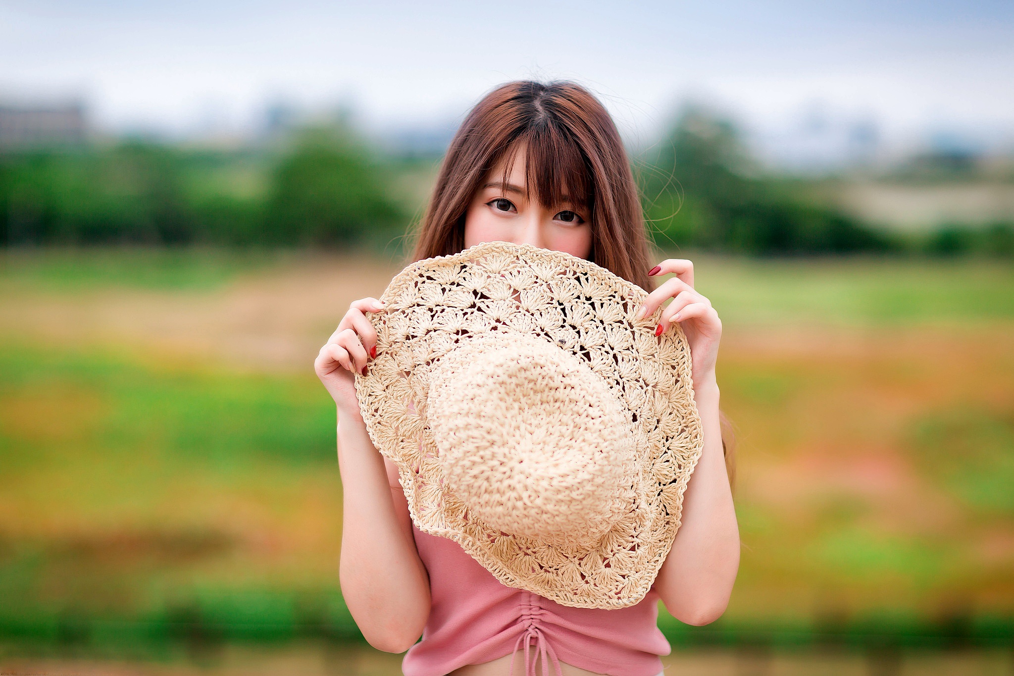 Download mobile wallpaper Hat, Brunette, Model, Women, Asian, Depth Of Field for free.