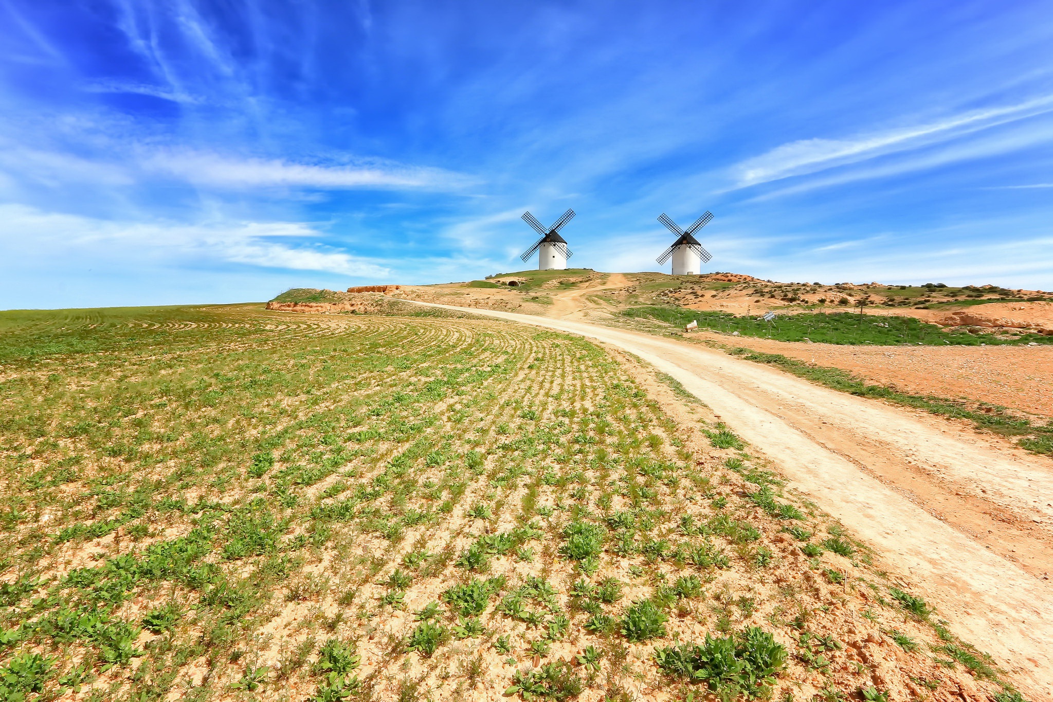 Free download wallpaper Sky, Field, Windmill, Man Made, Dirt Road on your PC desktop