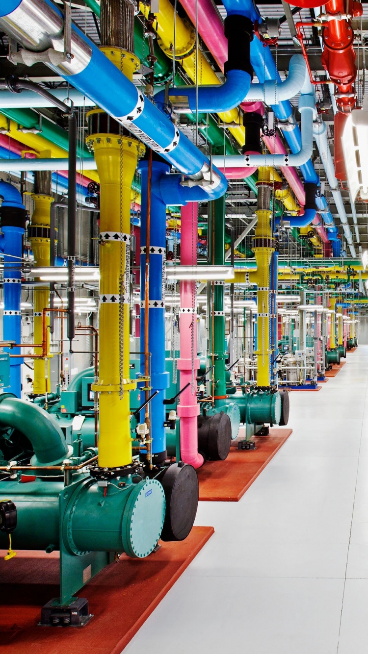 google data center, technology, google, interior, data center, colorful, factory Phone Background