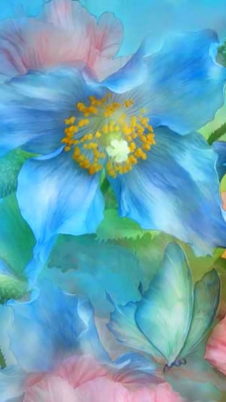 無料モバイル壁紙蝶, フラワーズ, 花, 青い, 芸術的, パステルをダウンロードします。