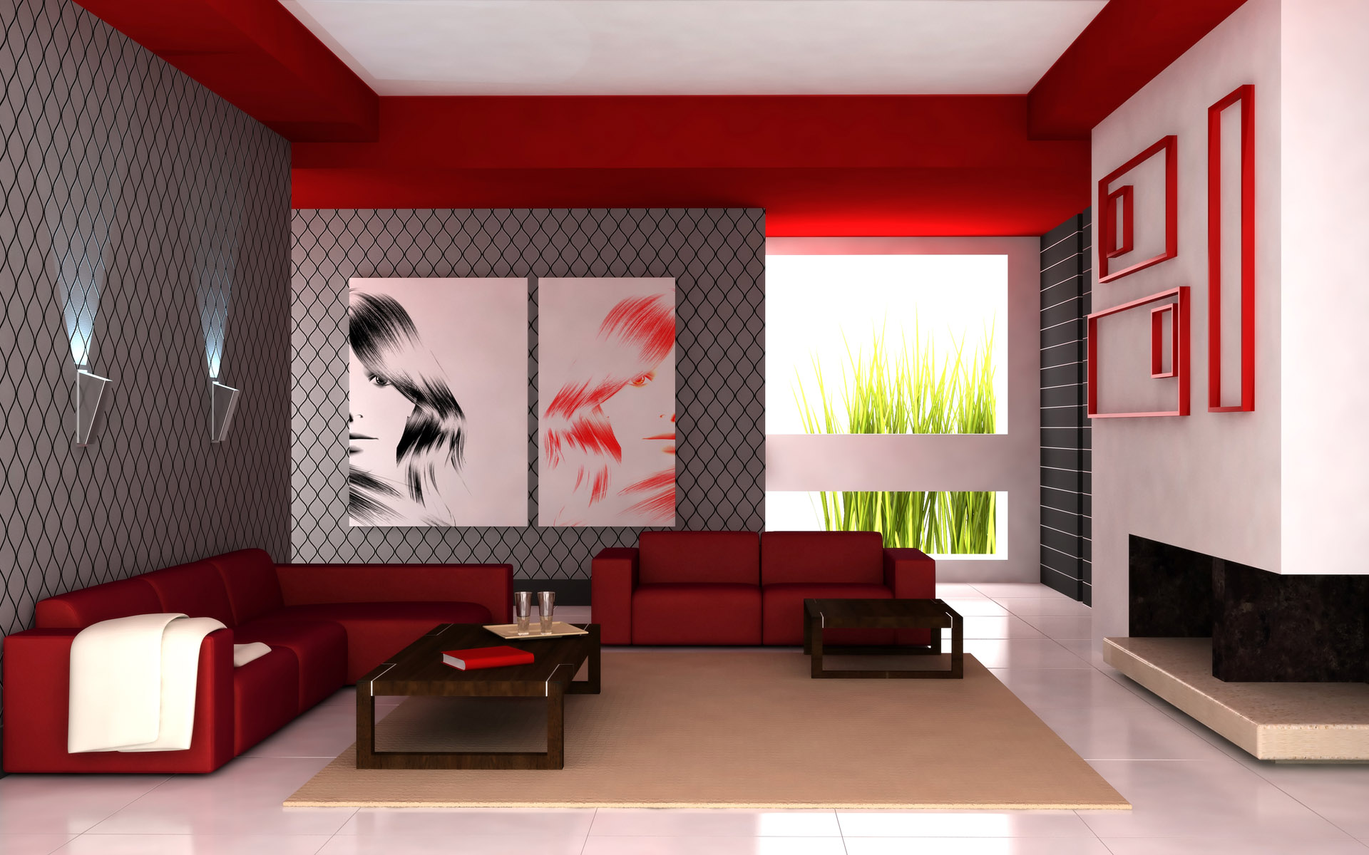 man made, room, living room, red, sofa