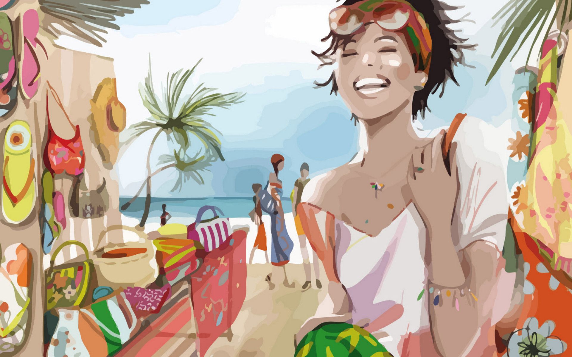 picture, beach, palms, vector, paint, drawing, relaxation, rest, smile, girl