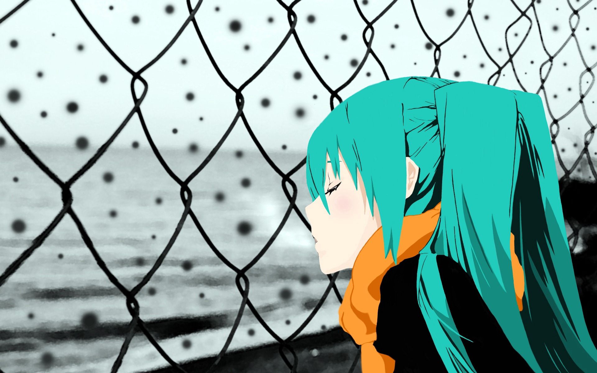 Free download wallpaper Fence, Scarf, Sorrow, Sadness, Girl, Anime on your PC desktop