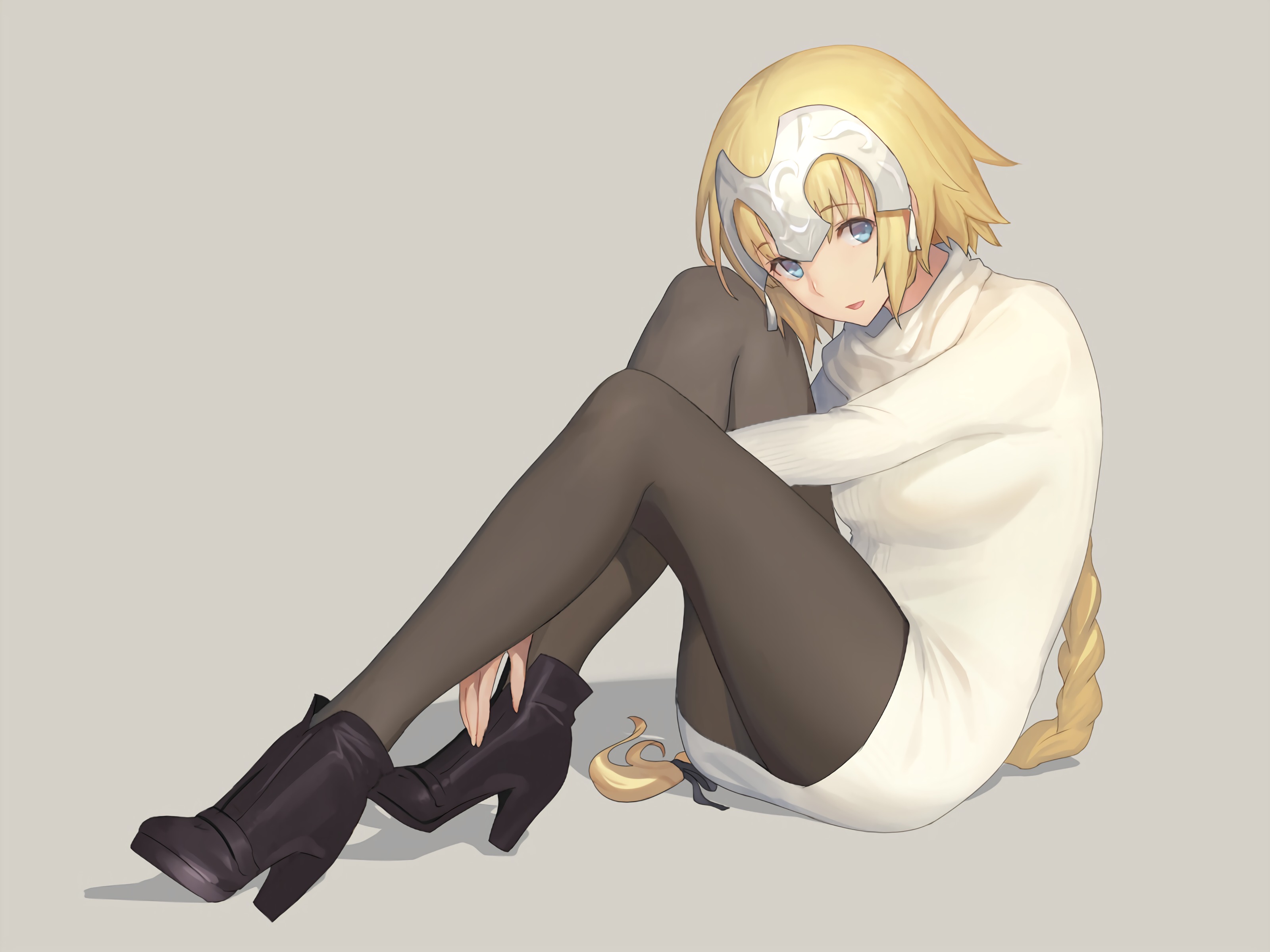 anime, fate/grand order, blonde, blue eyes, boots, braid, headpiece, high heels, jeanne d'arc (fate series), long hair, pantyhose, ruler (fate/apocrypha), sweater, turtleneck, fate series