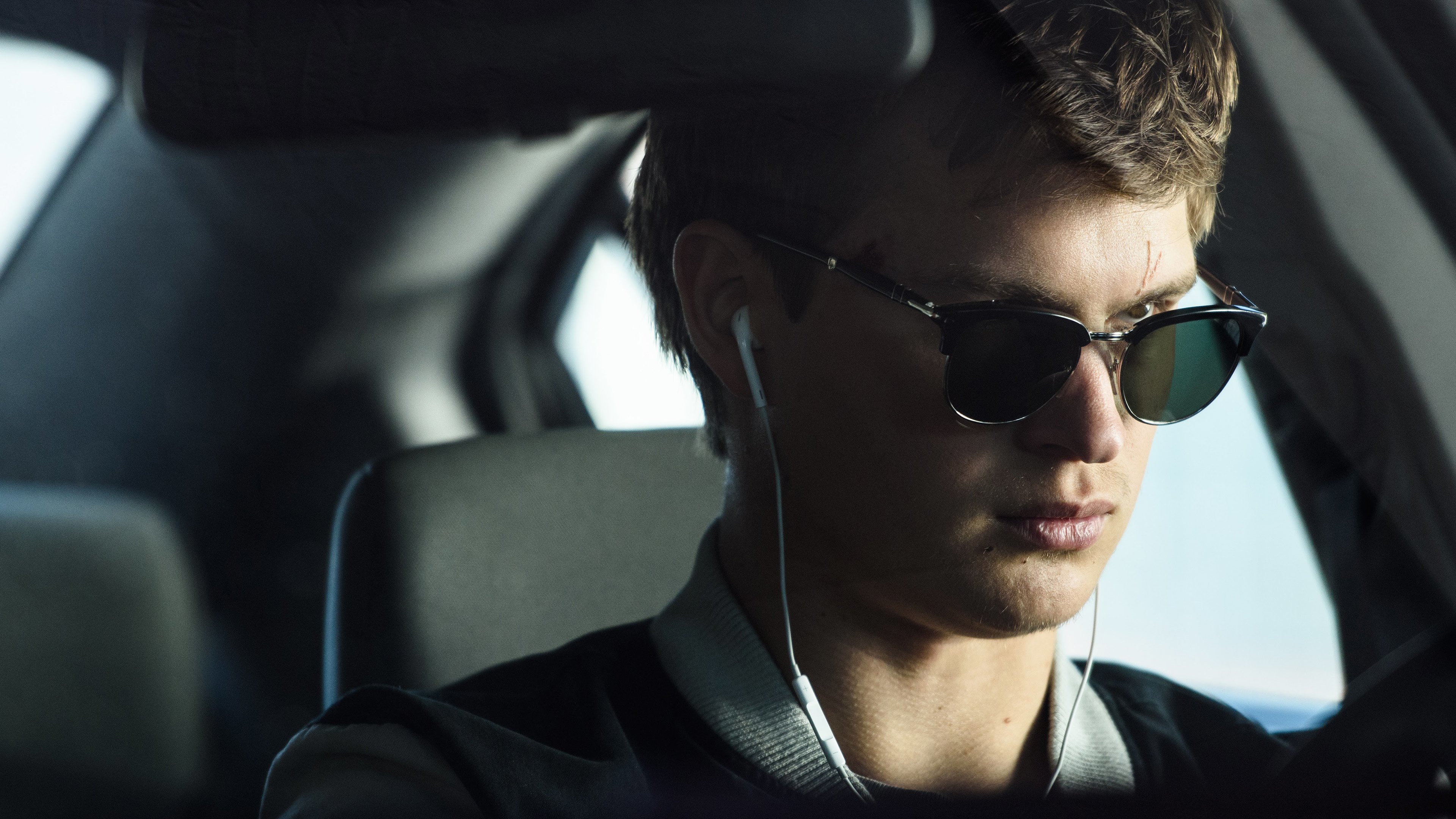 movie, baby driver, ansel elgort, baby (baby driver), car, earbuds, sunglasses