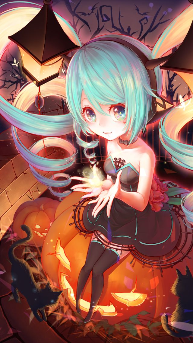 Download mobile wallpaper Anime, Halloween, Pumpkin, Cat, Original for free.