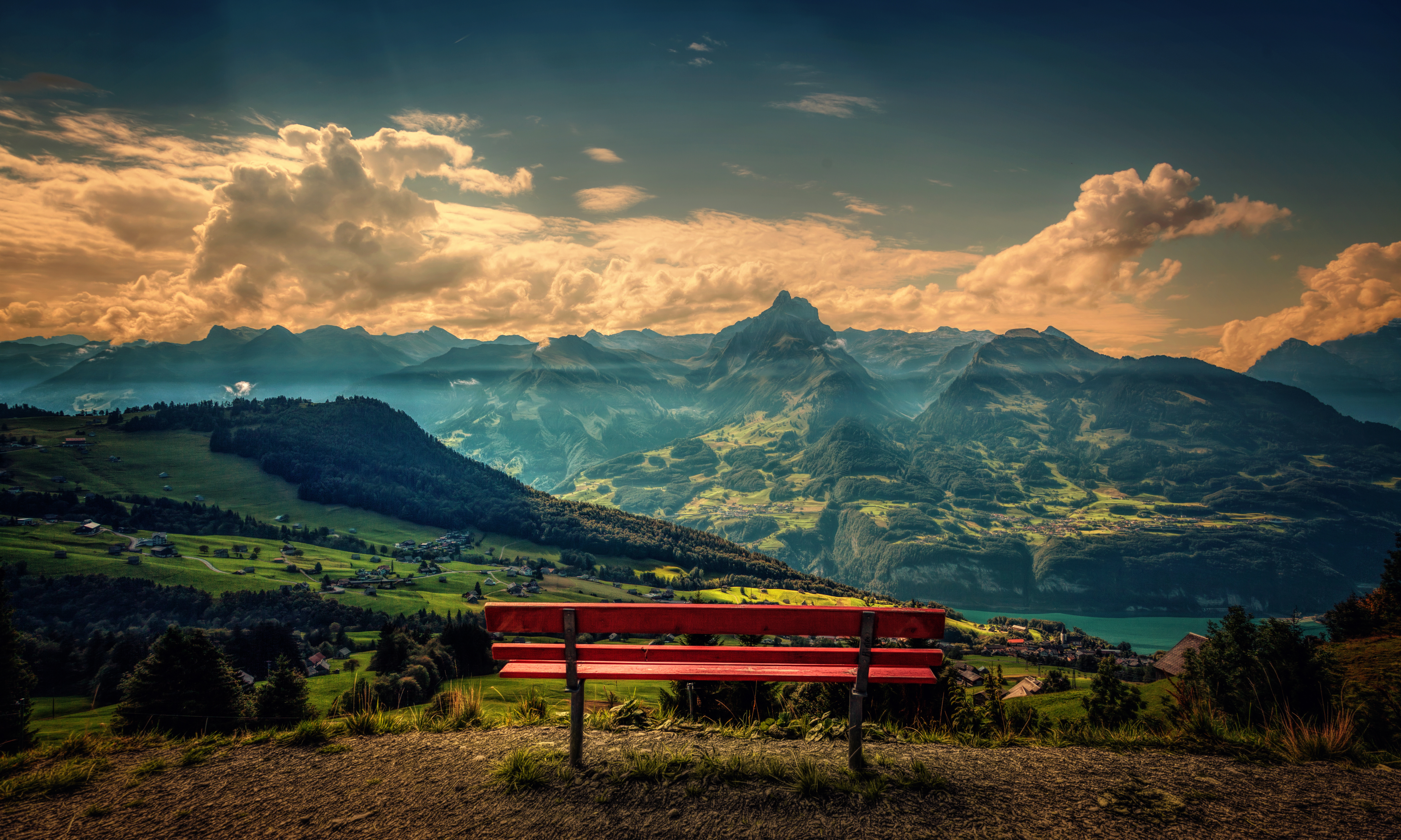 Download mobile wallpaper Landscape, Sky, Mountain, Bench, Cloud, Photography for free.