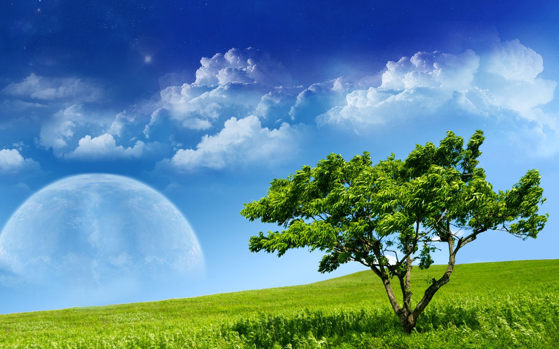 158303 завантажити картинку пейзаж, земля, мрійливий світ, хмара, місяць, сюрреалістичний, дерево - шпалери і заставки безкоштовно