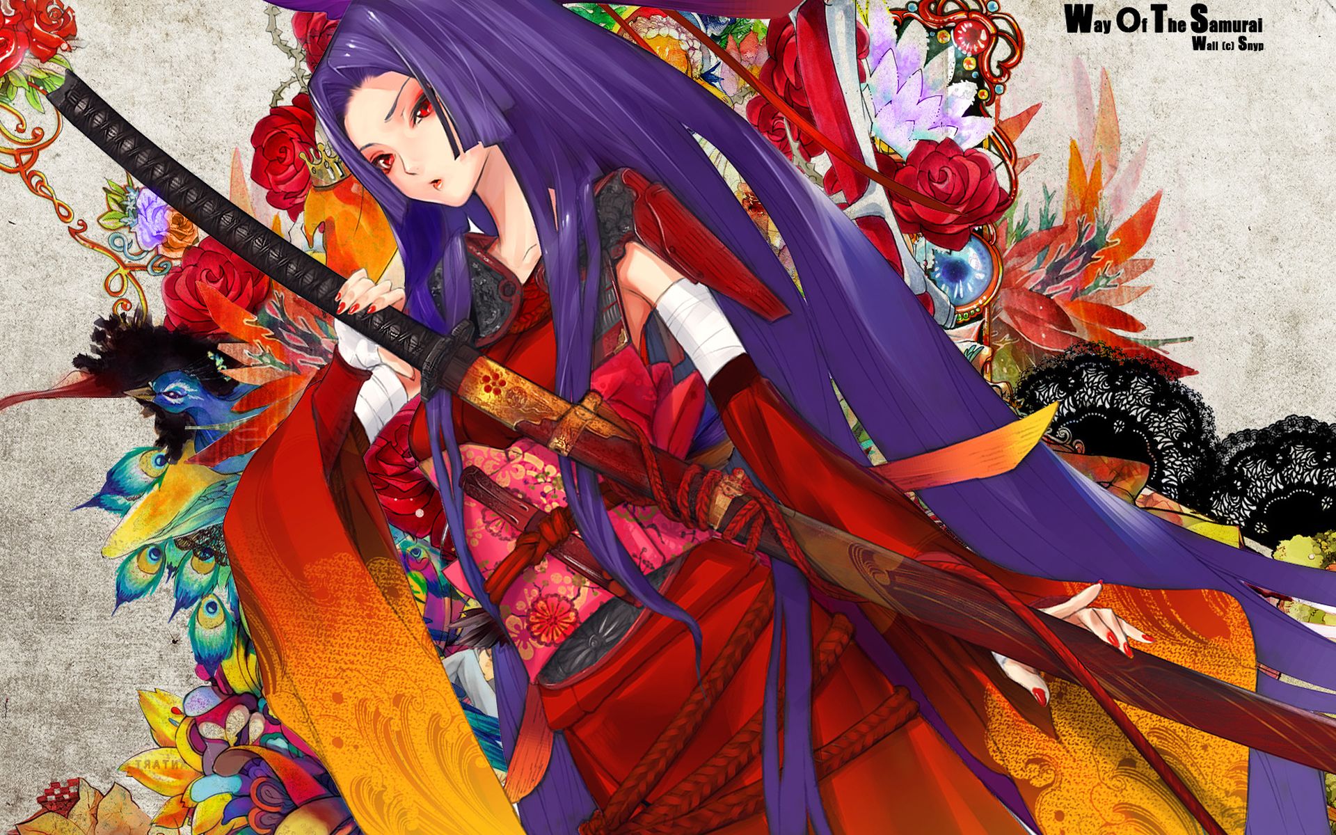 Download mobile wallpaper Original, Colors, Purple Hair, Sword, Long Hair, Red Eyes, Anime for free.