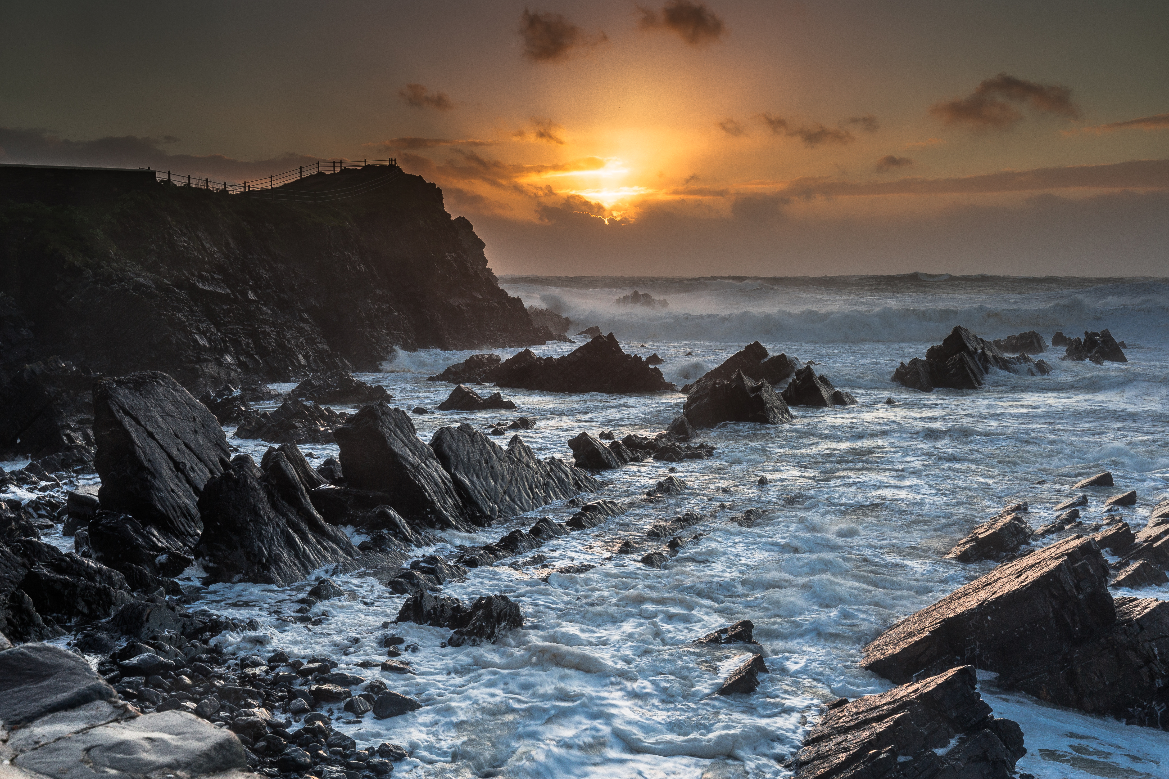 Free download wallpaper Nature, Rocks, Sunset, Sea, Waves, Landscape on your PC desktop