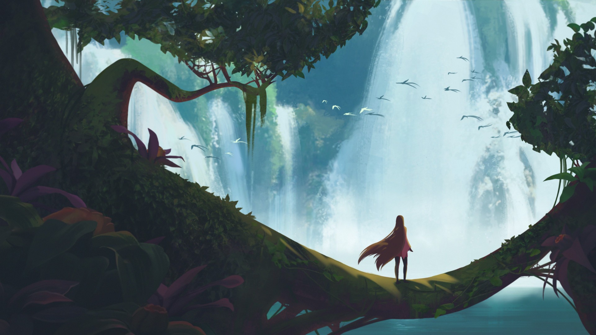 Laden Sie das Fantasie, Vogel, Wasserfall, Baum-Bild kostenlos auf Ihren PC-Desktop herunter