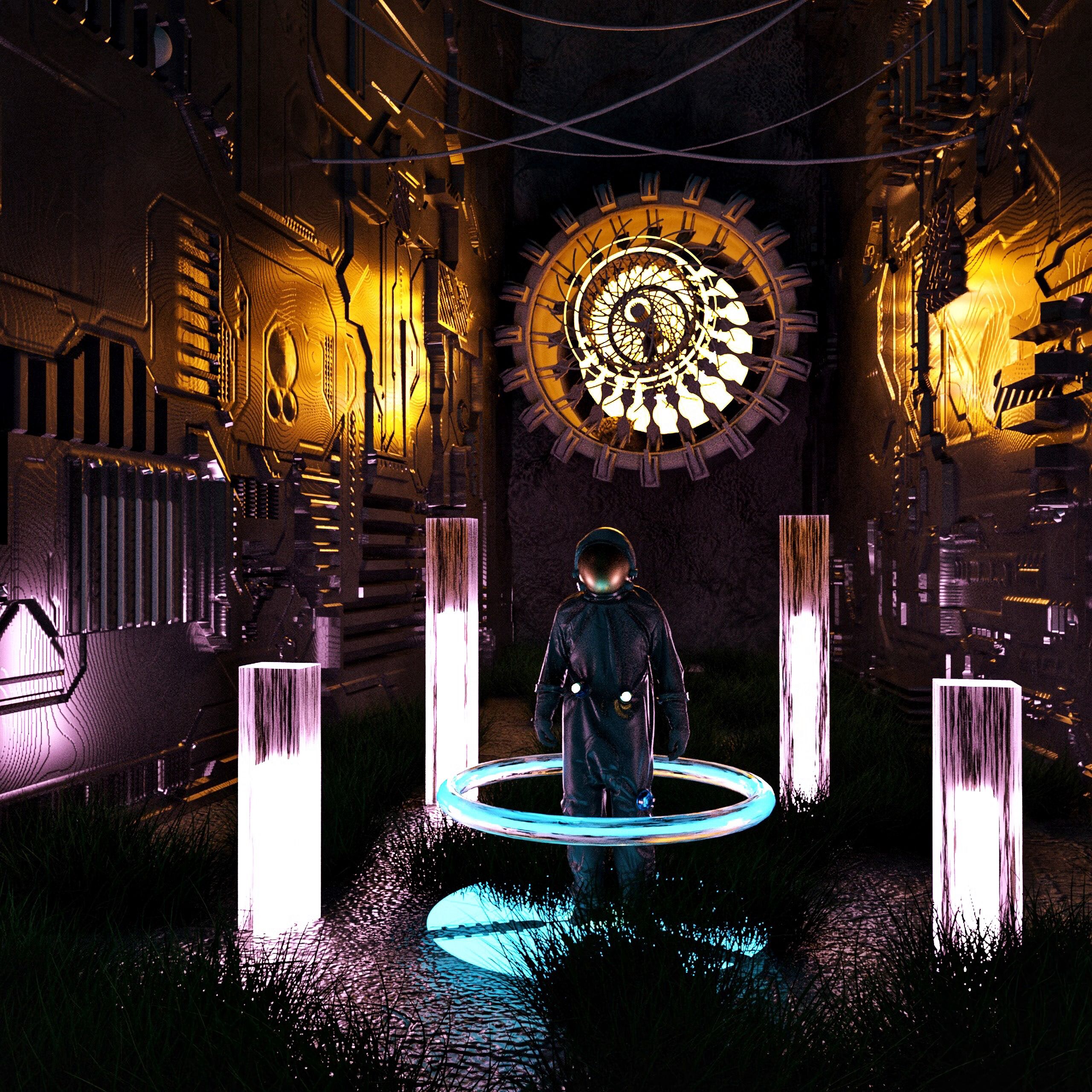 android astronaut, 3d, ring, glow, pillars, posts, portal