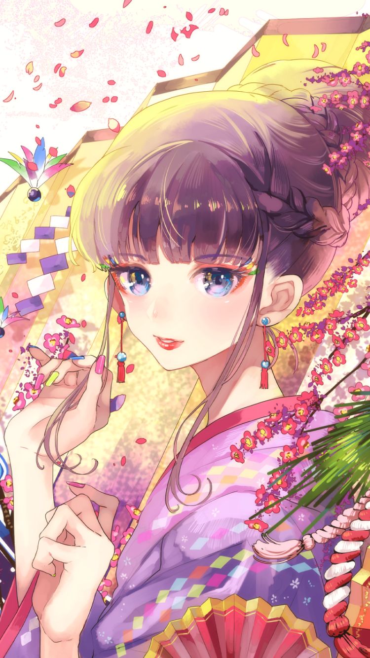 Download mobile wallpaper Anime, Girl, Kimono, Blue Eyes, Festival for free.