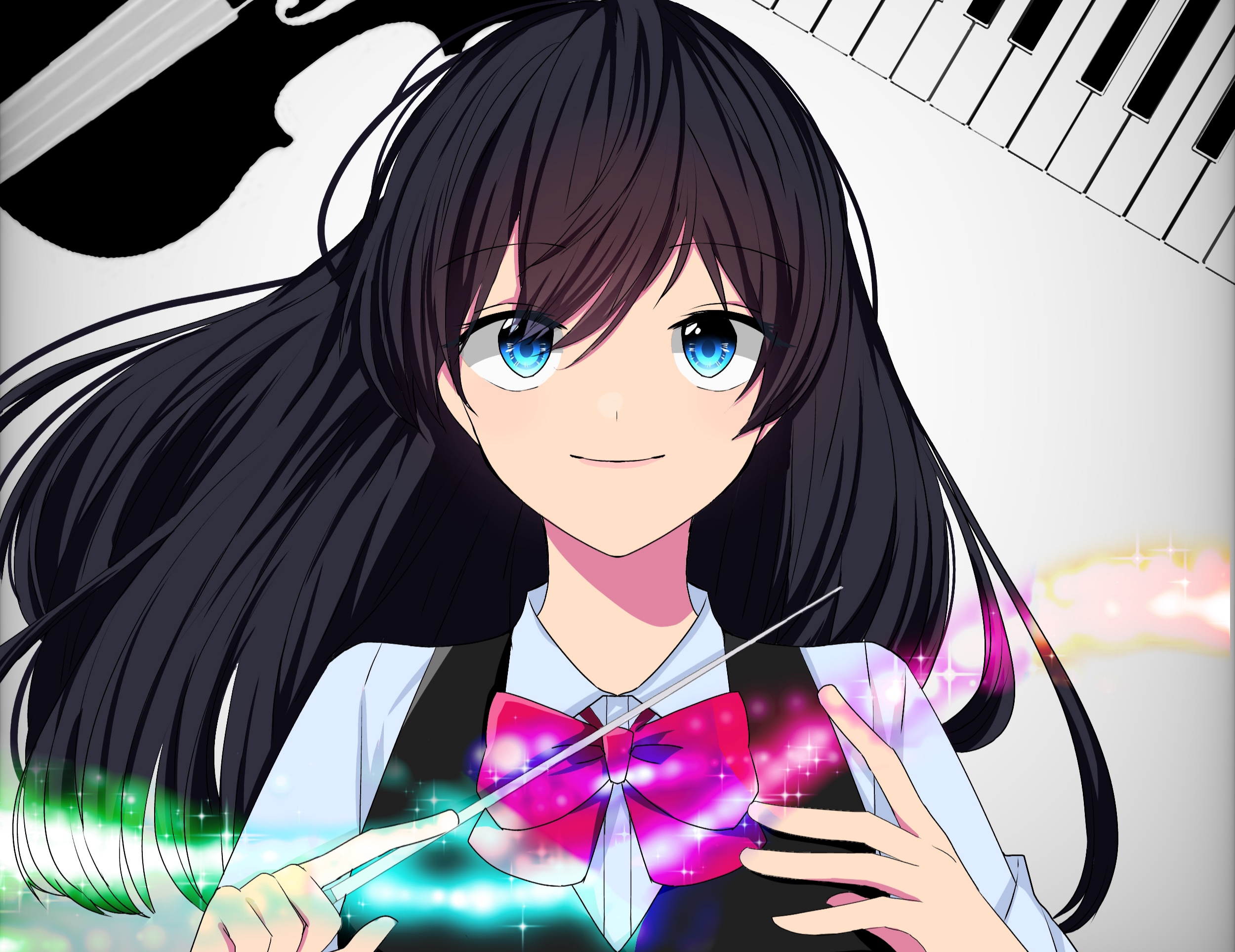Laden Sie das Klavier, Blaue Augen, Original, Animes, Schwarzes Haar-Bild kostenlos auf Ihren PC-Desktop herunter