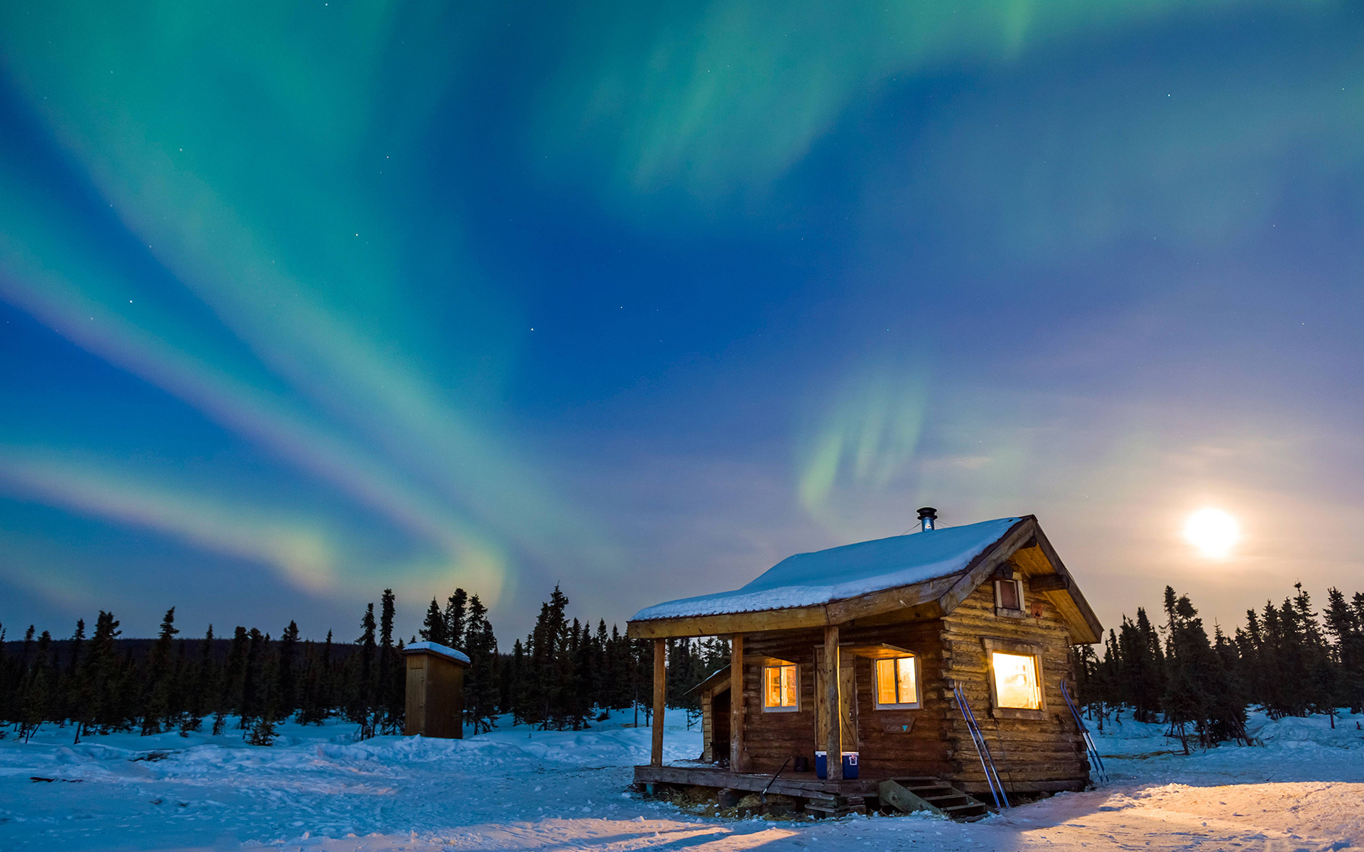 Free download wallpaper Winter, Snow, Forest, Aurora Borealis, Cabin, Man Made on your PC desktop