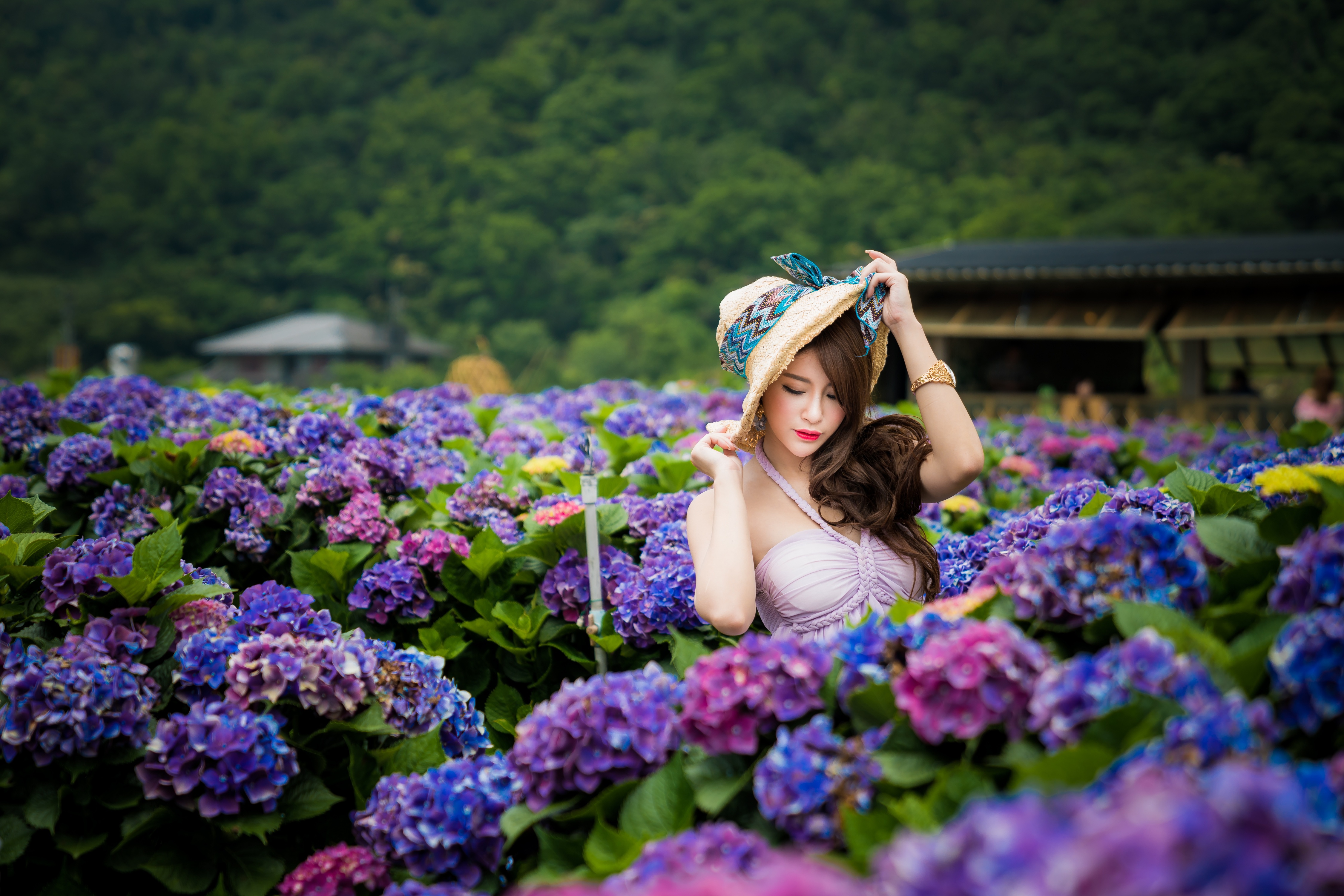 Download mobile wallpaper Flower, Hydrangea, Hat, Brunette, Model, Women, Asian, Long Hair, Depth Of Field, Blue Flower for free.