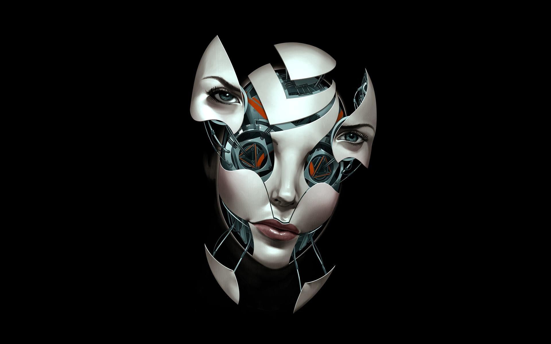 robot, abstract, face, dark background, shards, smithereens, compound