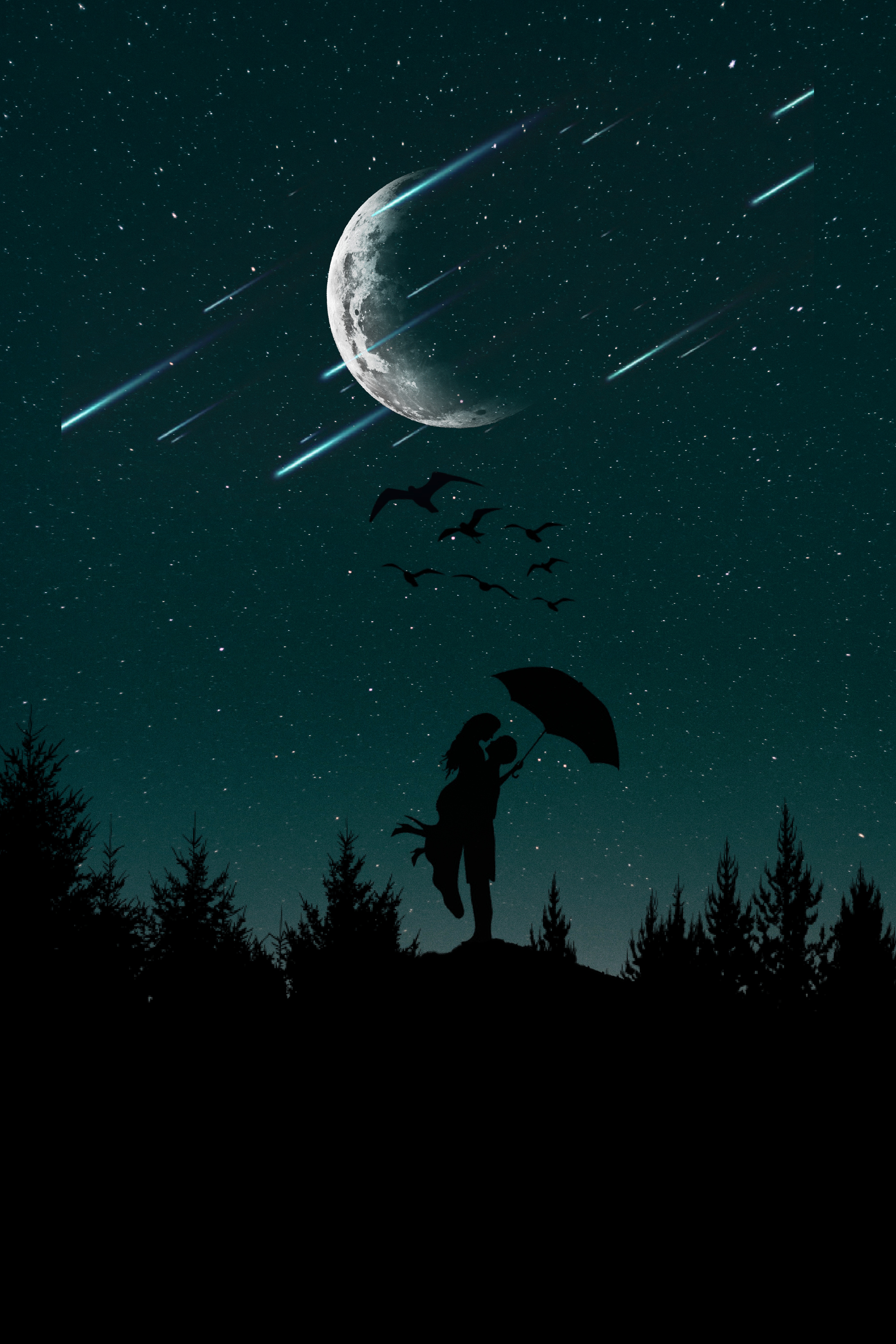 love, couple, moon, pair, starry sky, trees, night, silhouettes, umbrella
