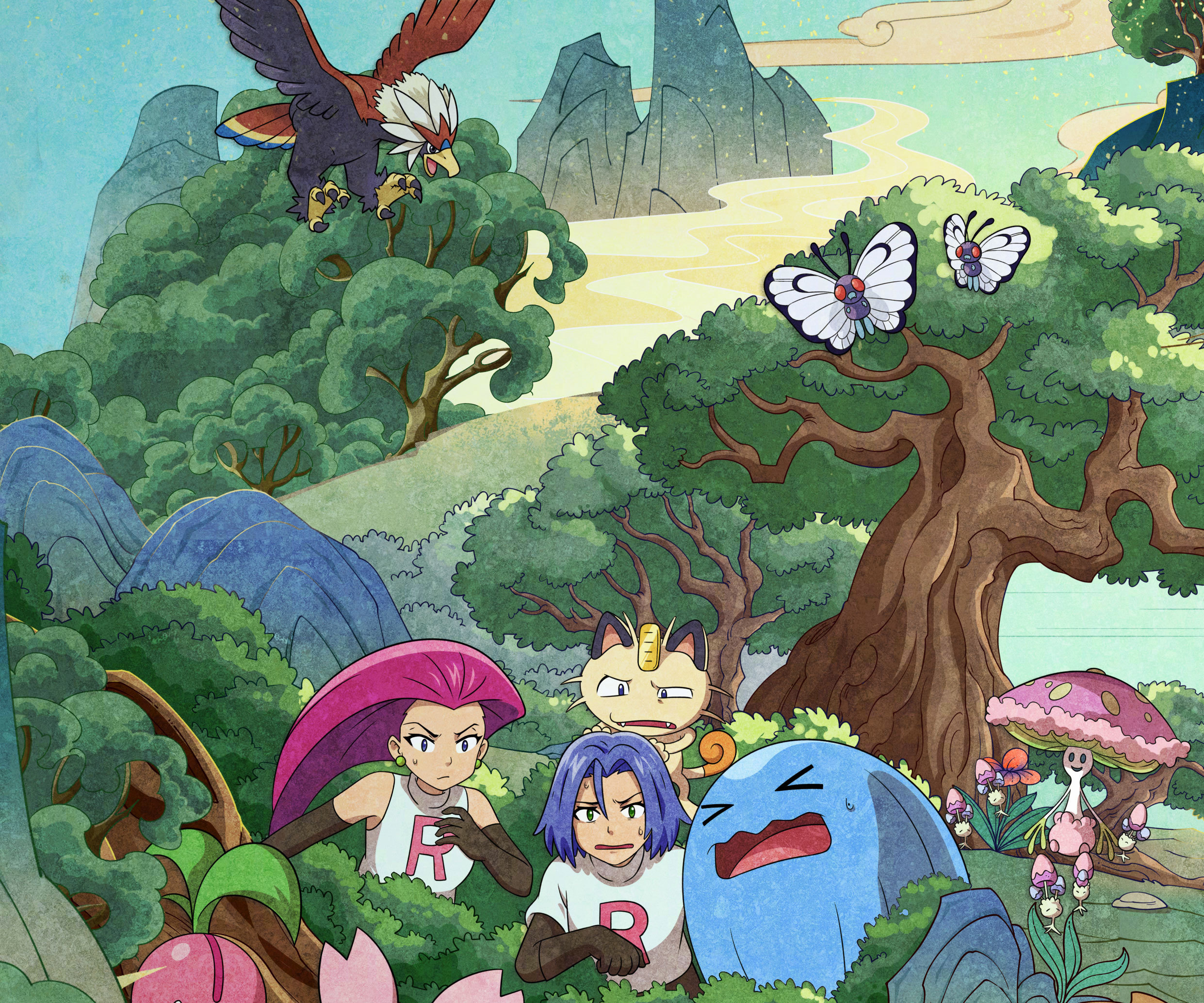509568 descargar fondo de pantalla pokémon, equipo rocket, animado, pokémon la película: los secretos de la jungla, braviary (pokémon), butterfree (pokémon), james (pokémon), jessie (pokémon), meowth (pokémon), wobbuffet (pokémon): protectores de pantalla e imágenes gratis