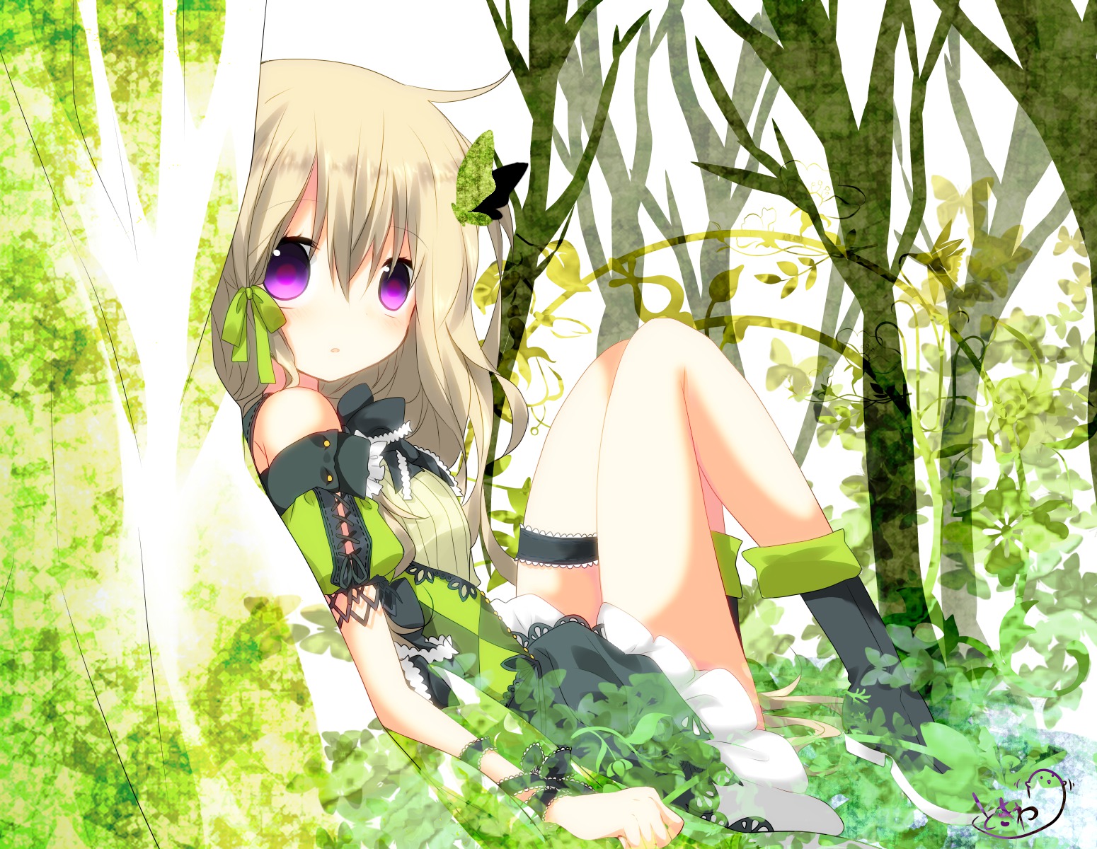 Download mobile wallpaper Original, Butterfly, Purple Eyes, Dress, Forest, Blonde, Anime for free.