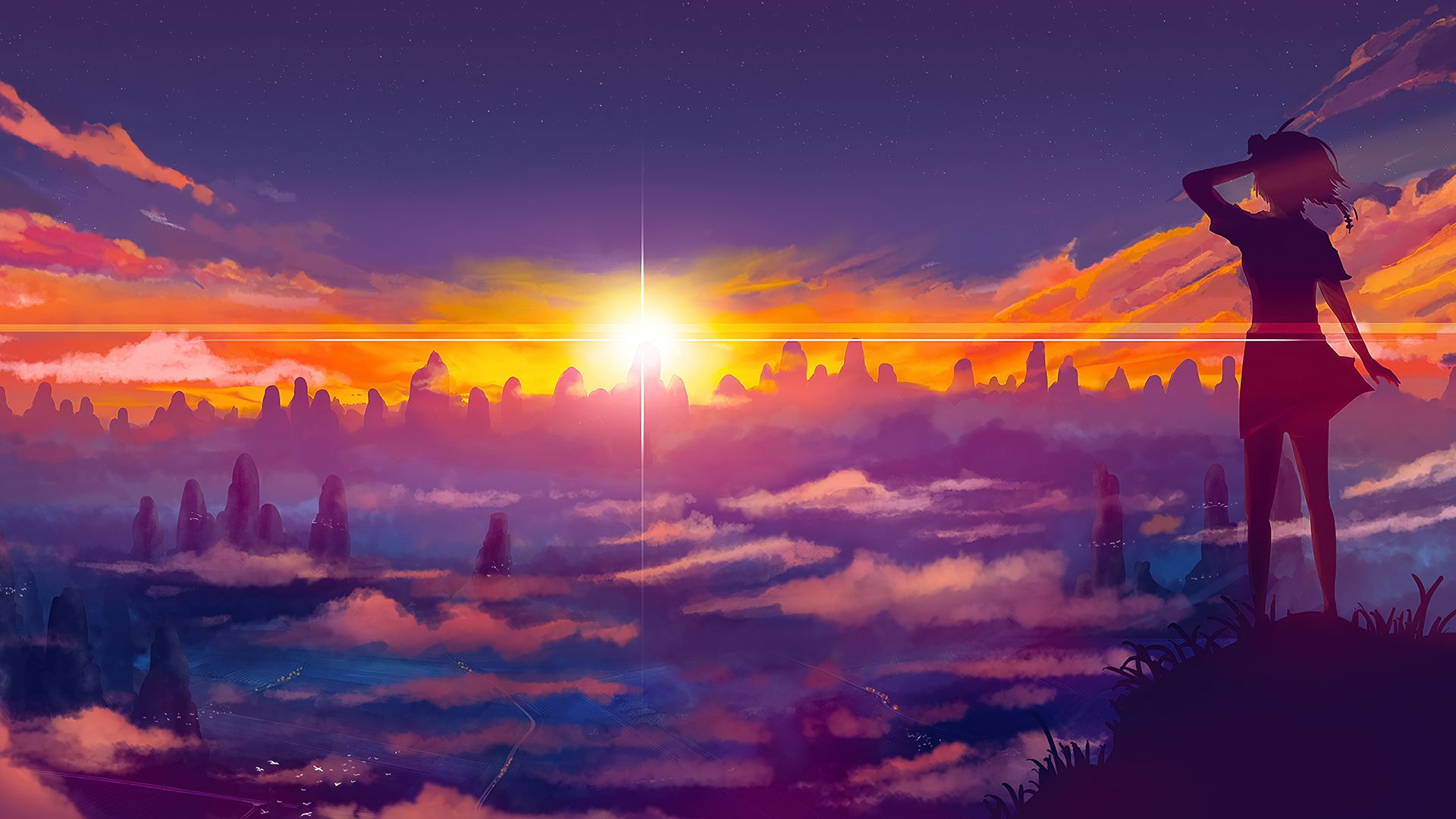 973564 завантажити шпалери аніме, світанок: пісня двох людей, хмара, гора, коротке волосся, небо, сонце - заставки і картинки безкоштовно