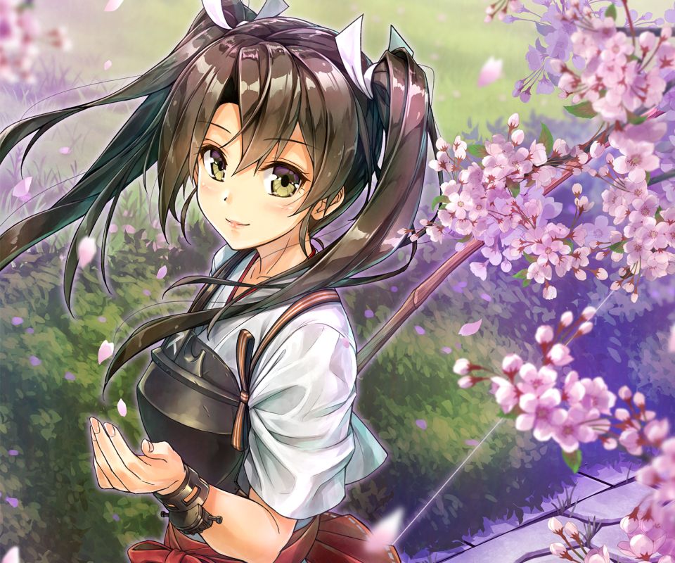 Free download wallpaper Anime, Spring, Green Eyes, Cherry Blossom, Blossom, Pink Flower, Twintails, Kantai Collection, Grey Hair, Zuikaku (Kancolle) on your PC desktop