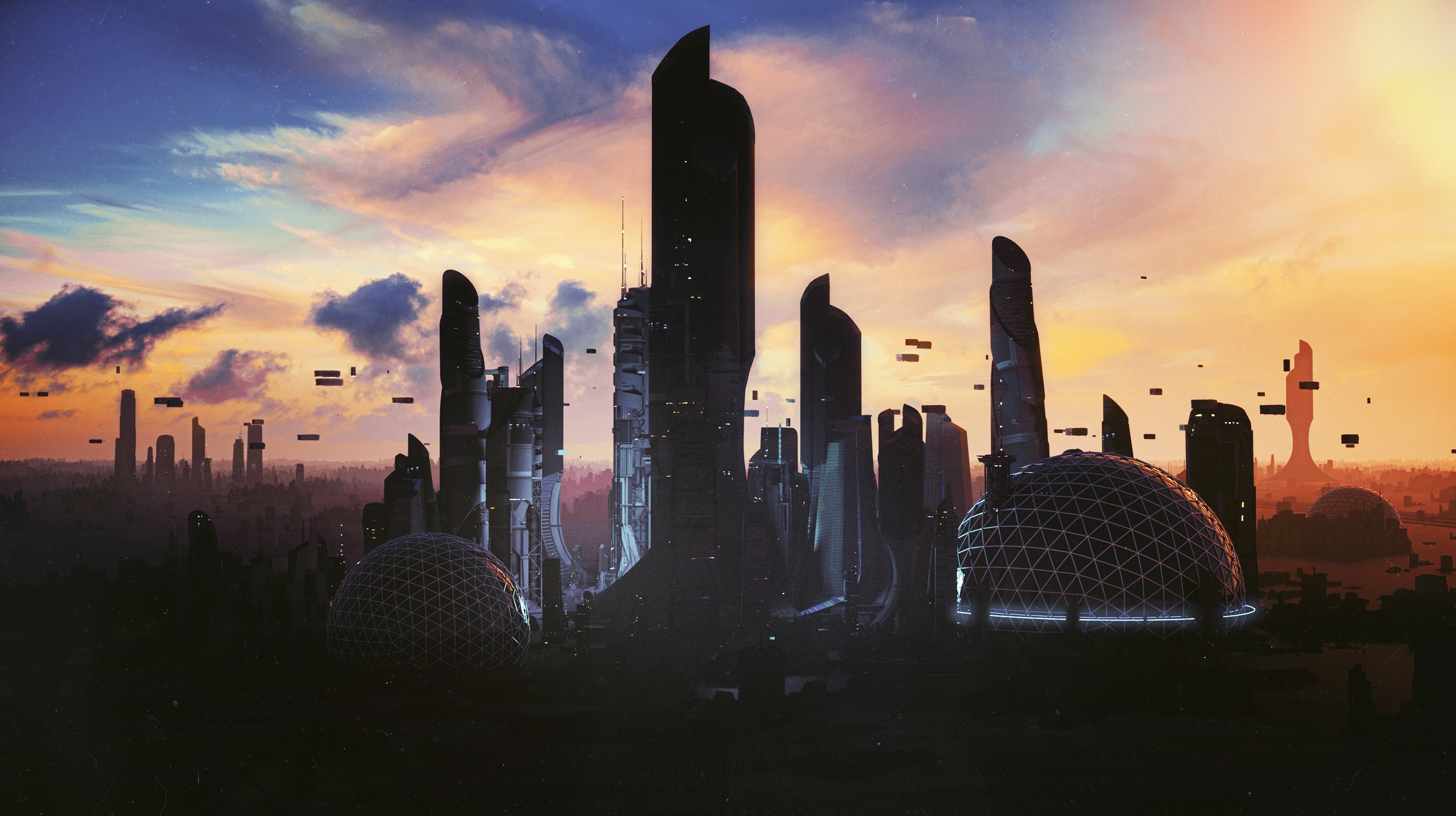 Laden Sie das Wolkenkratzer, Gebäude, Science Fiction, Kuppel, Futuristisch, Großstadt-Bild kostenlos auf Ihren PC-Desktop herunter