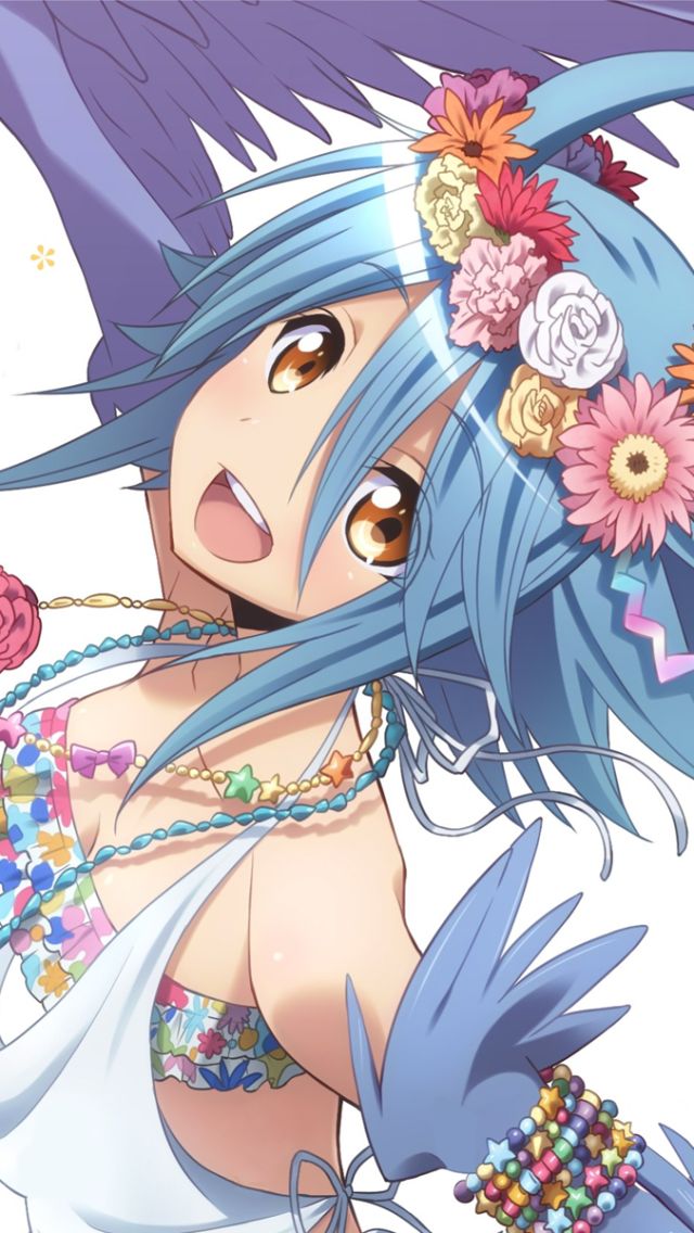 monster musume, anime, brown eyes, necklace, flower, wings, papi (monster musume), blue hair, headdress, short hair