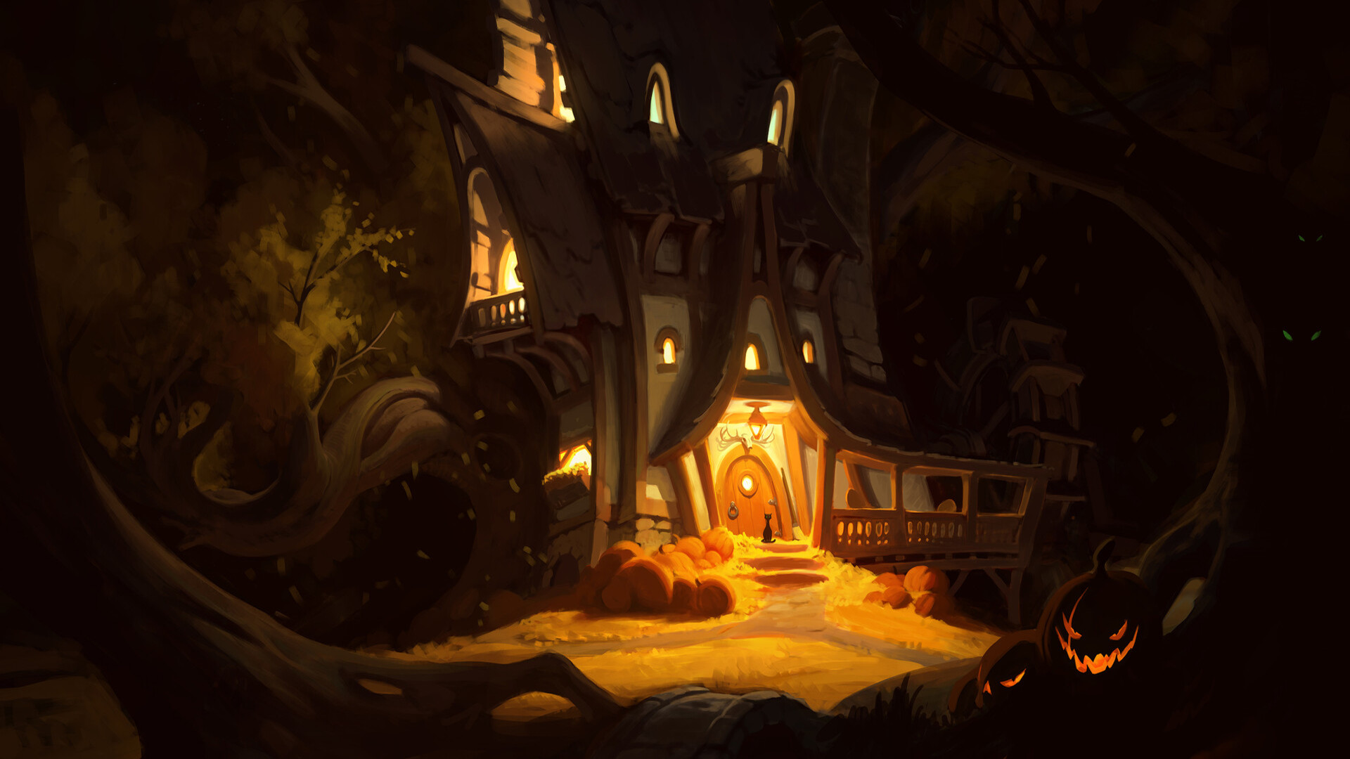 Free download wallpaper Halloween, Night, Holiday, House, Jack O' Lantern on your PC desktop