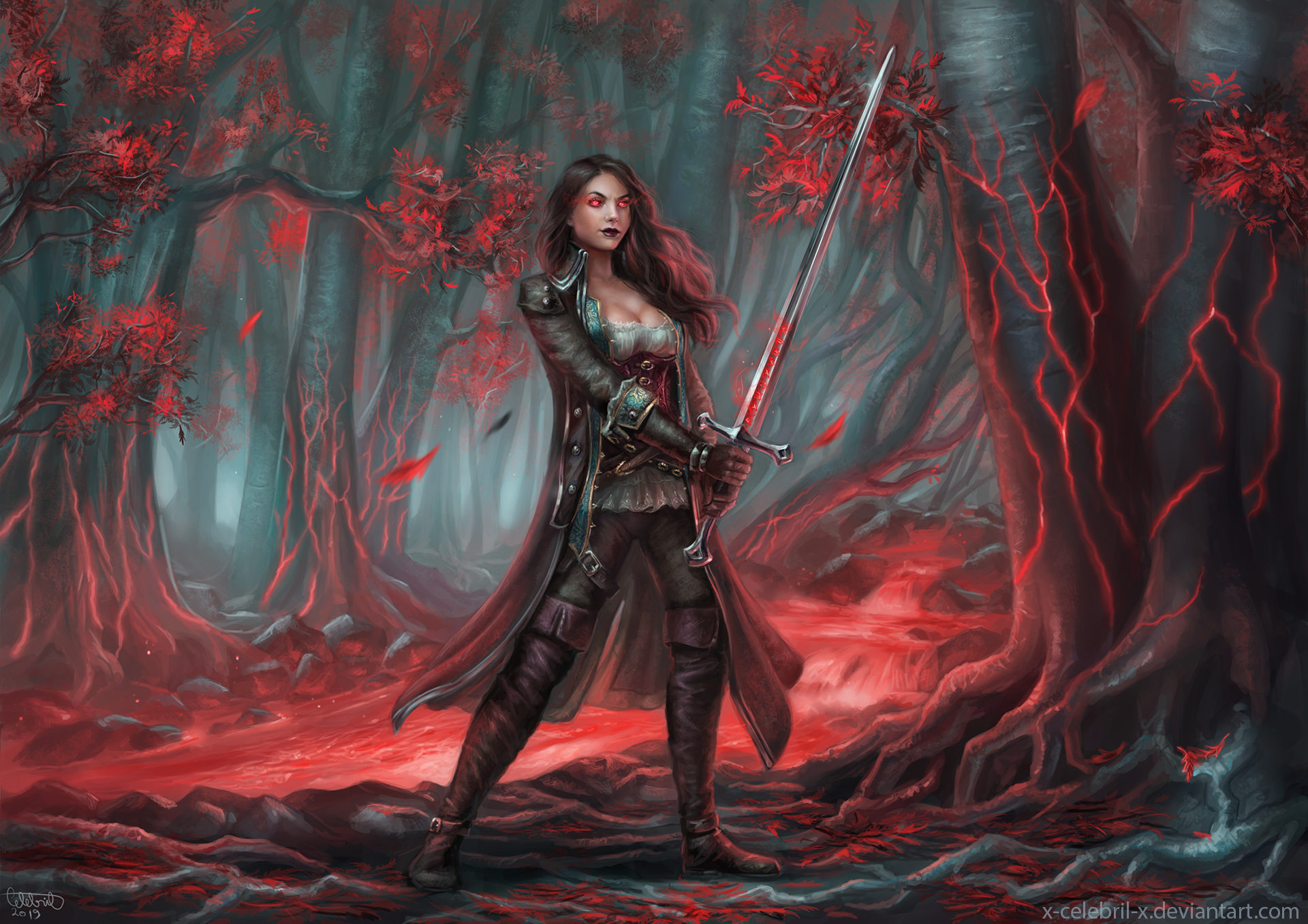 無料モバイル壁紙ファンタジー, 剣, 赤い目, 女戦士をダウンロードします。