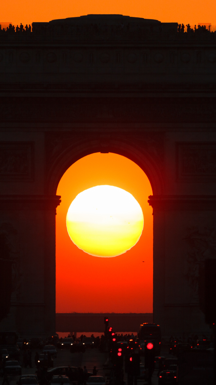 Download mobile wallpaper Sunset, Sun, Paris, Monuments, Silhouette, Monument, Arc De Triomphe, Man Made for free.