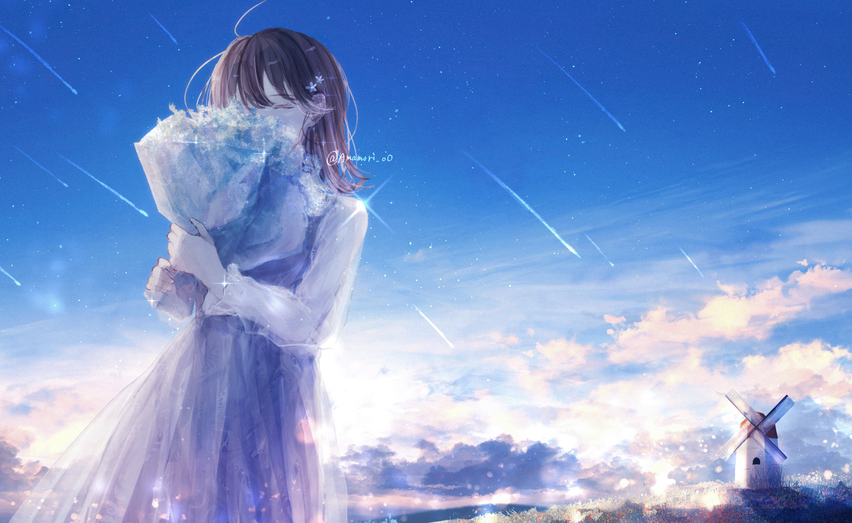 Free download wallpaper Anime, Bouquet, Girl, Windmill on your PC desktop