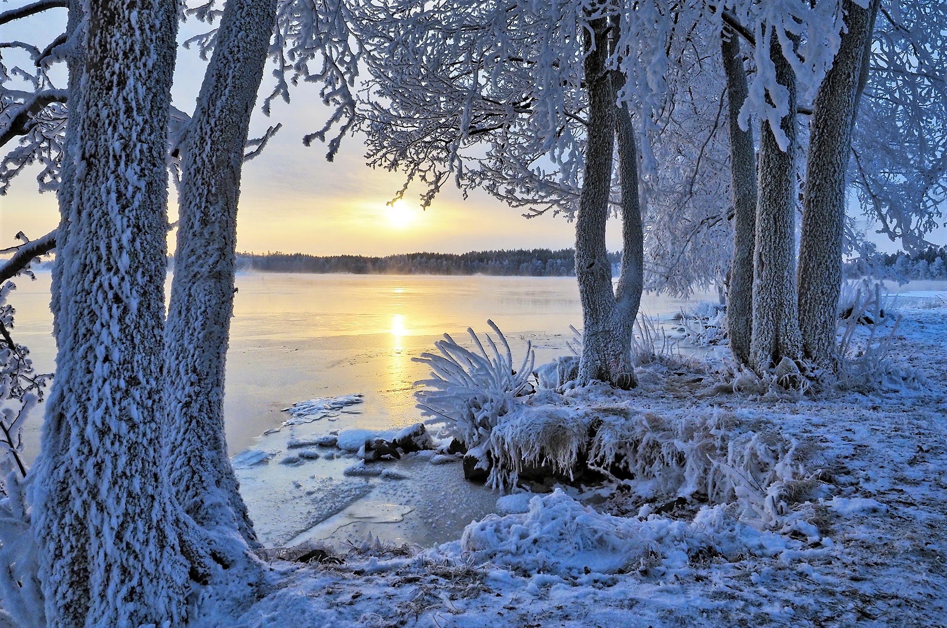 Скачать картинку Зима, Закат, Снег, Озеро, Земля/природа в телефон бесплатно.