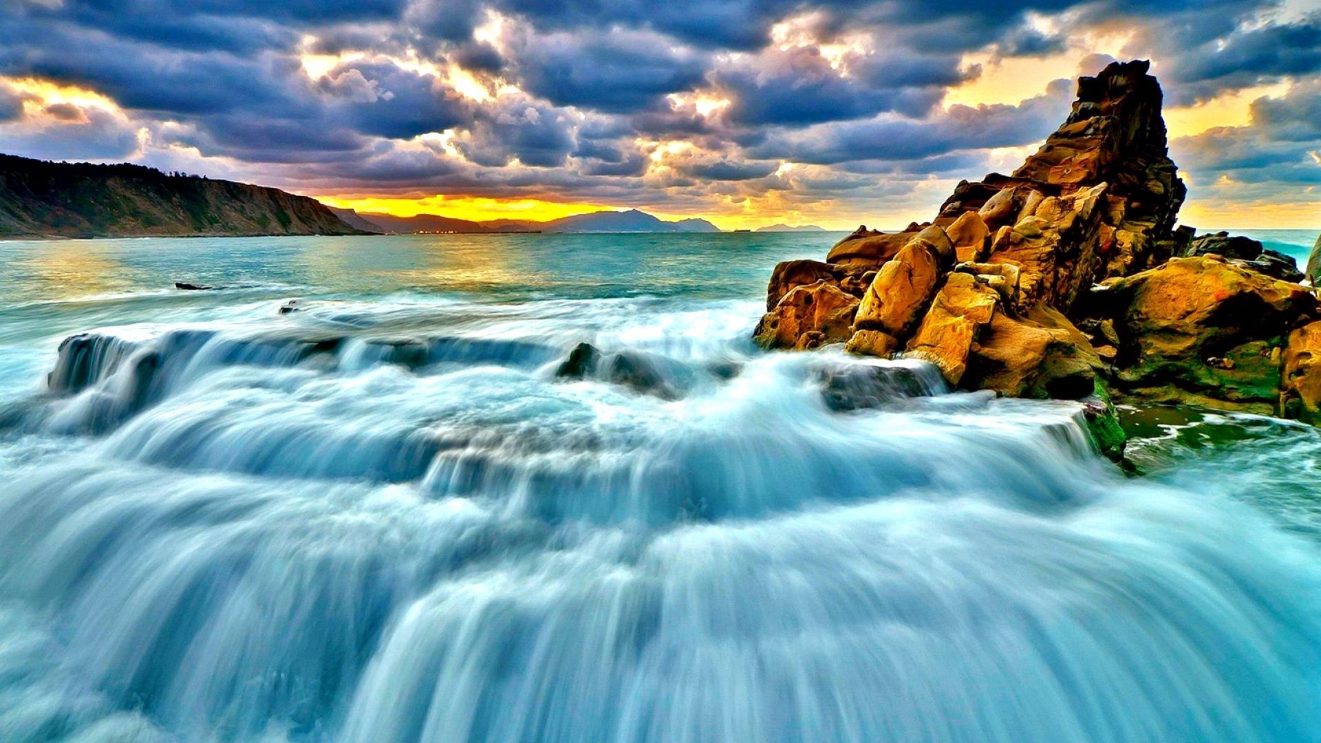 Download mobile wallpaper Surf, Waterfall, Nature, Sunset, Sea for free.