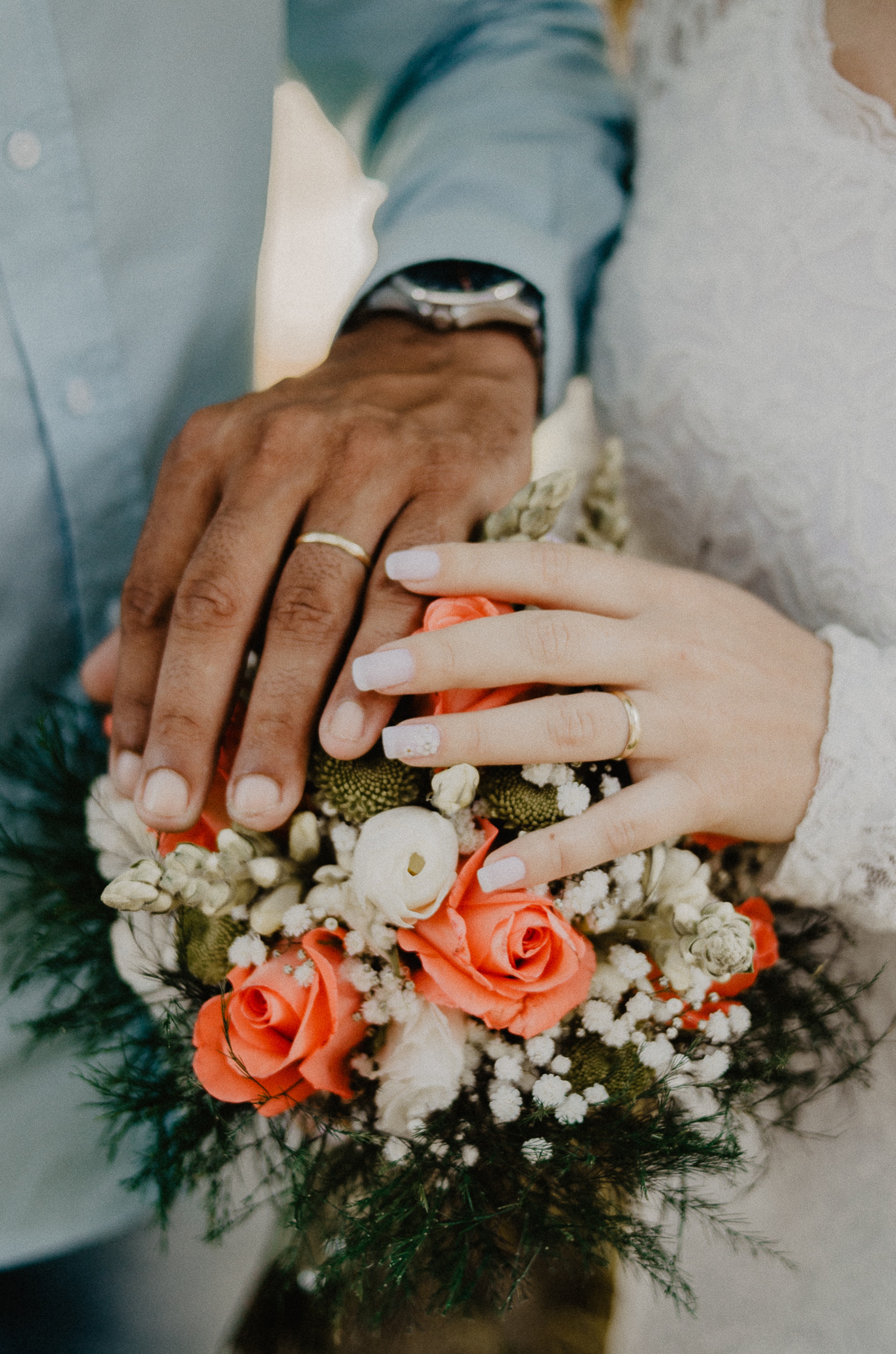 love, holidays, wedding, rings, couple, pair, bouquet, hands