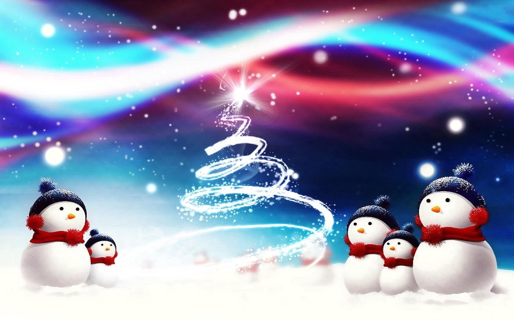118048 скачать обои снеговики, елка, праздники, силуэт, рождество, новый год, атрибут - заставки и картинки бесплатно