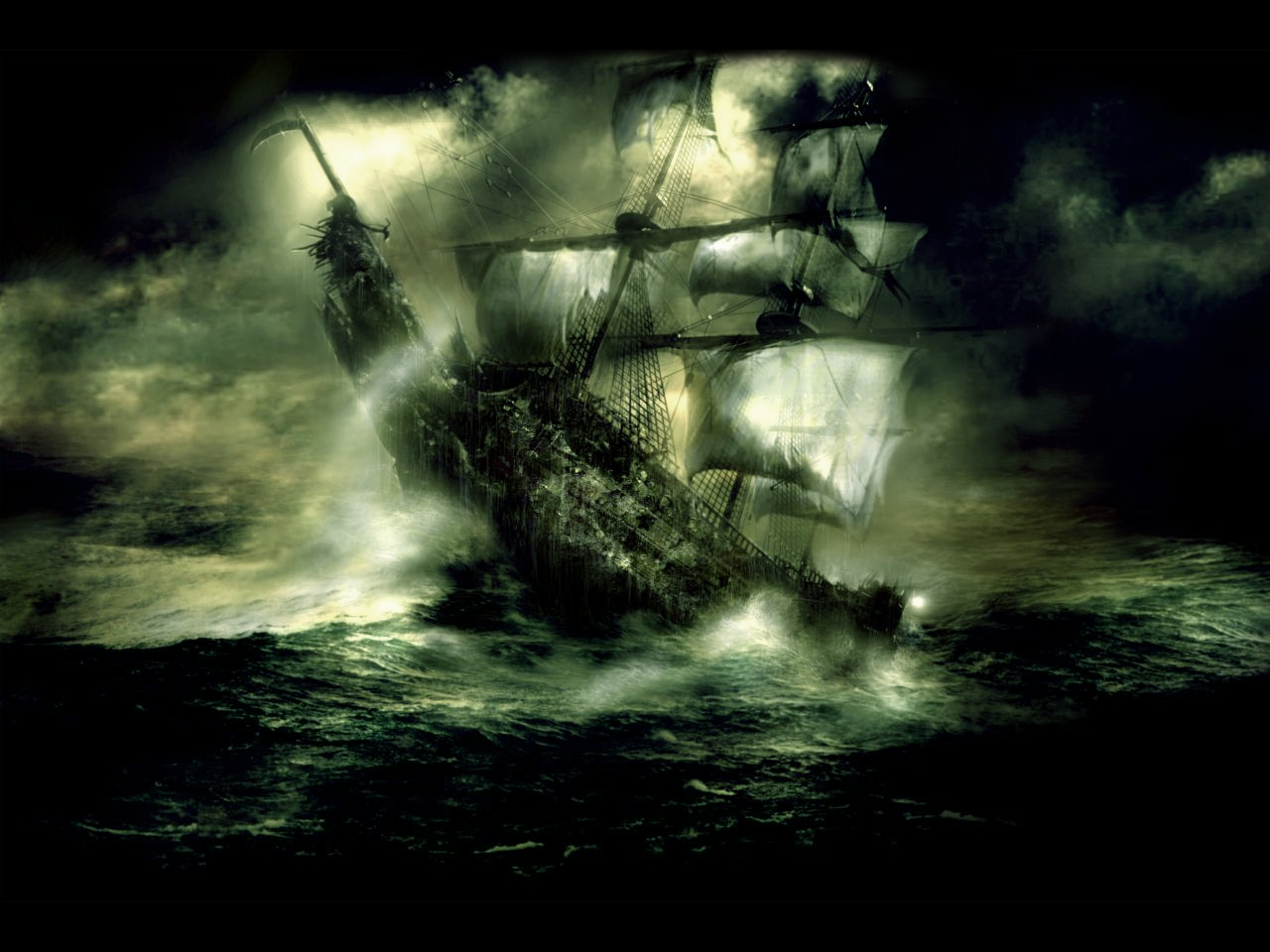 sails, fantasy, ship, ocean, sea, wave, wreck