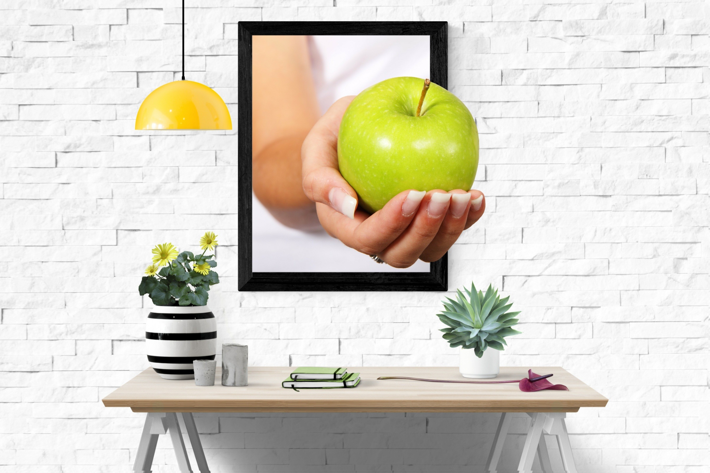 Free download wallpaper Apple, Still Life, Hand, Photography, Manipulation, Pot Plant on your PC desktop