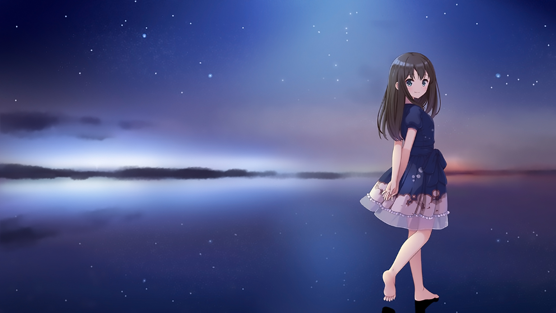 Download mobile wallpaper Anime, Stars, Night, Lake, Dress, Original for free.