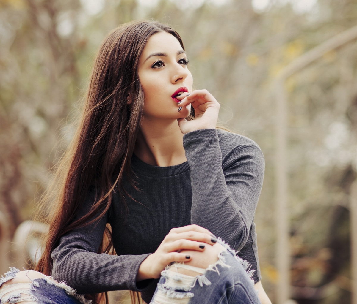 Download mobile wallpaper Brunette, Model, Women, Brown Eyes, Lipstick, Depth Of Field for free.