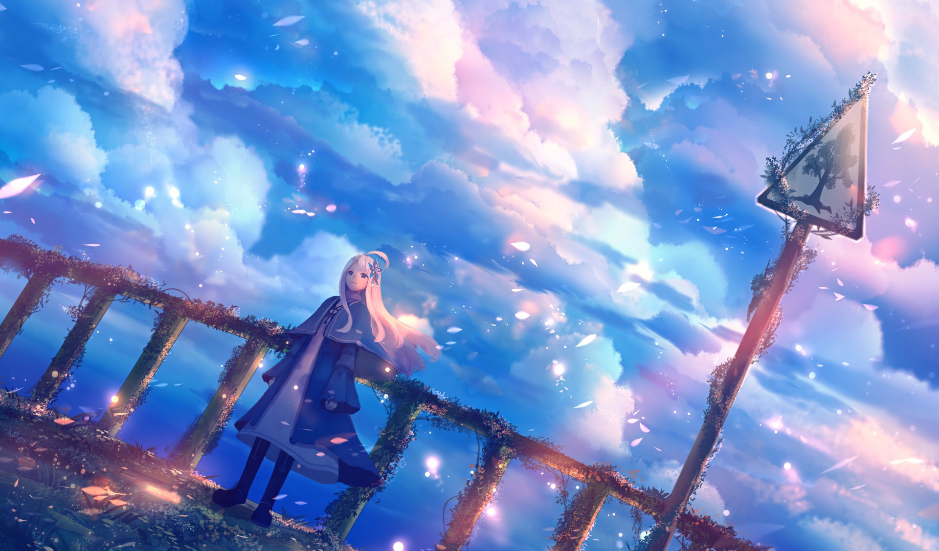 Free download wallpaper Anime, Sky, Girl, Cloud, Dress, White Hair on your PC desktop