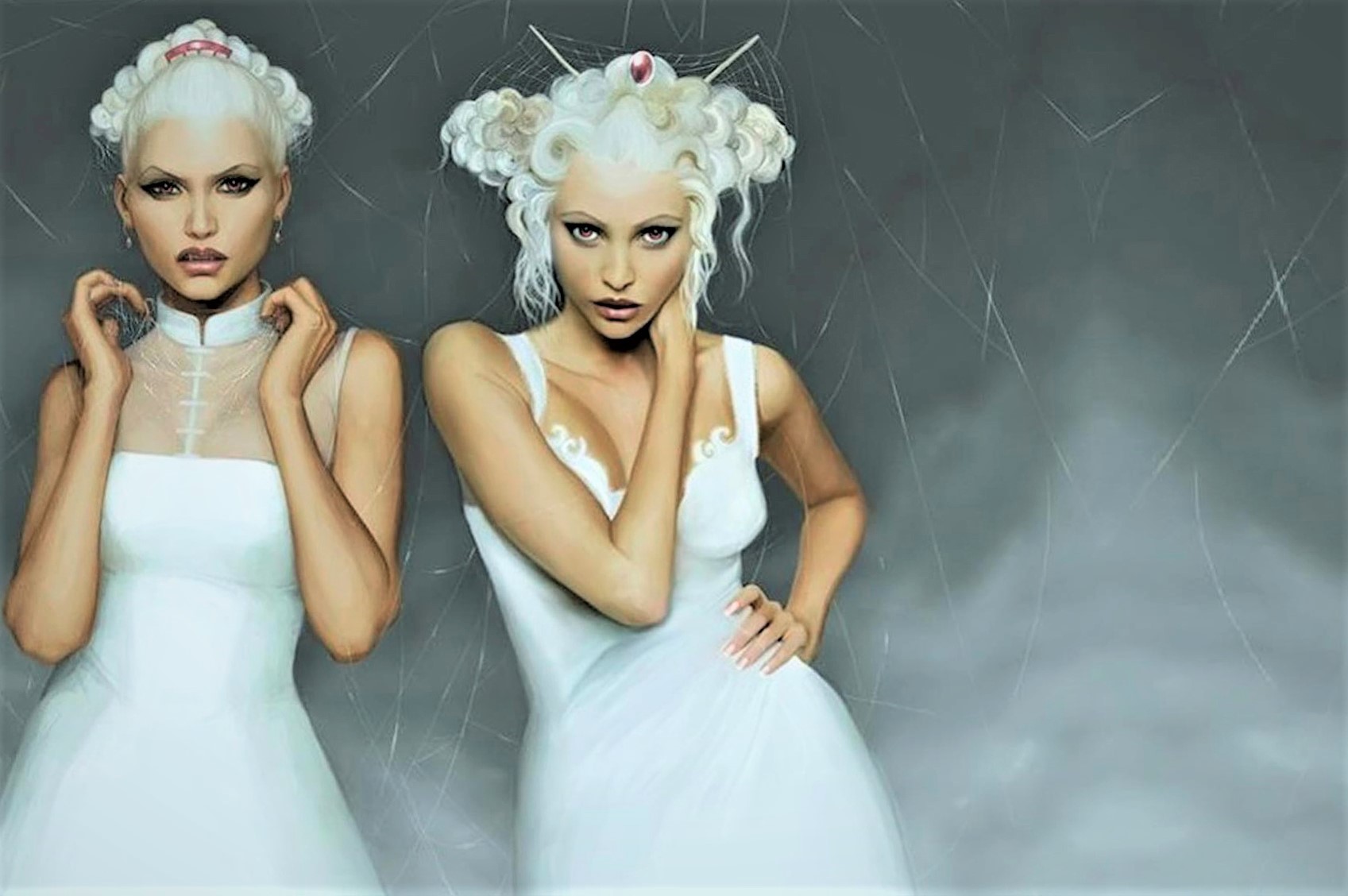 Download mobile wallpaper Dark, Vampire, White Hair, Twins for free.