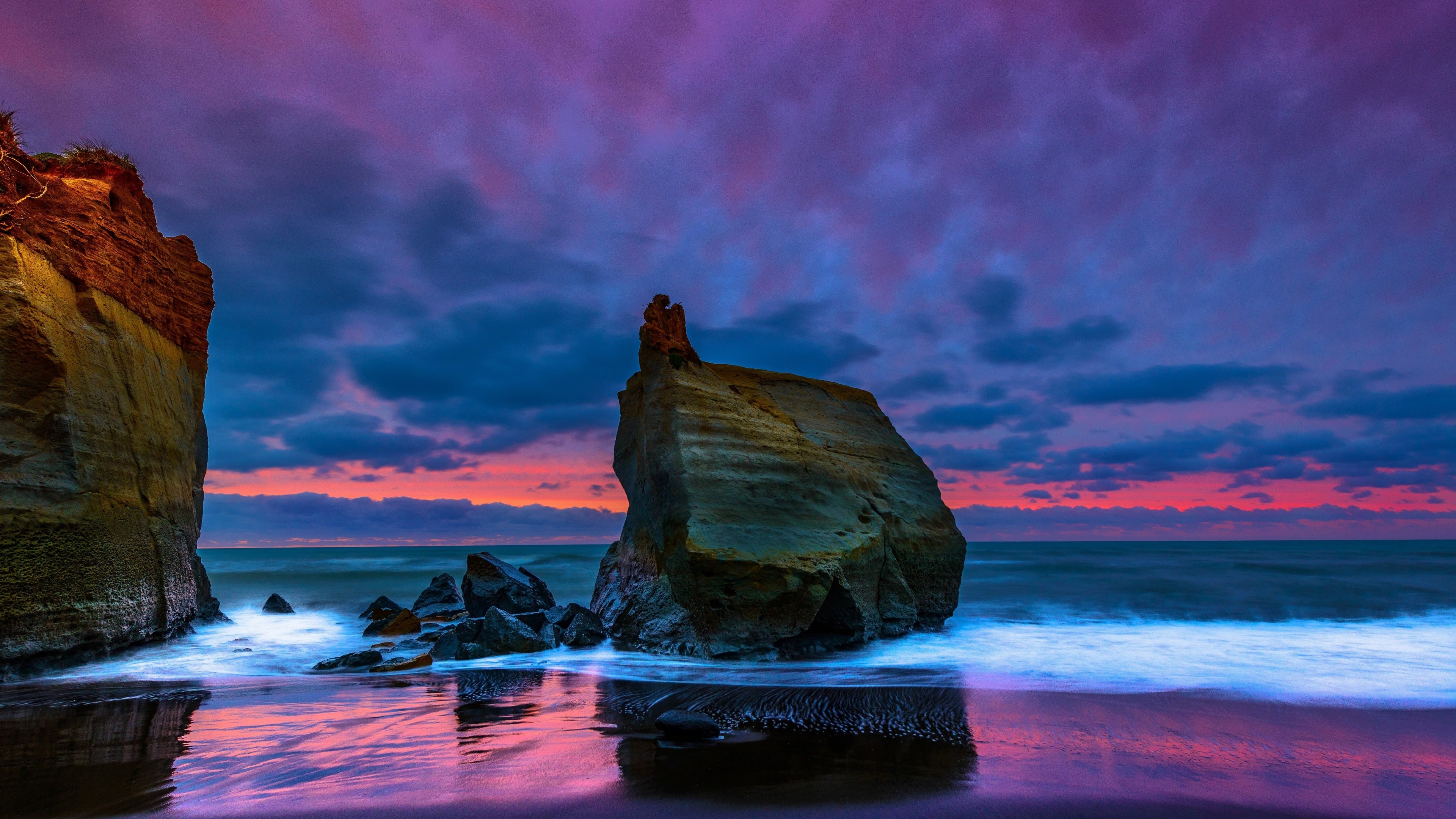 Download mobile wallpaper Sunset, Sky, Beach, Ocean, Earth, Purple, Cloud for free.