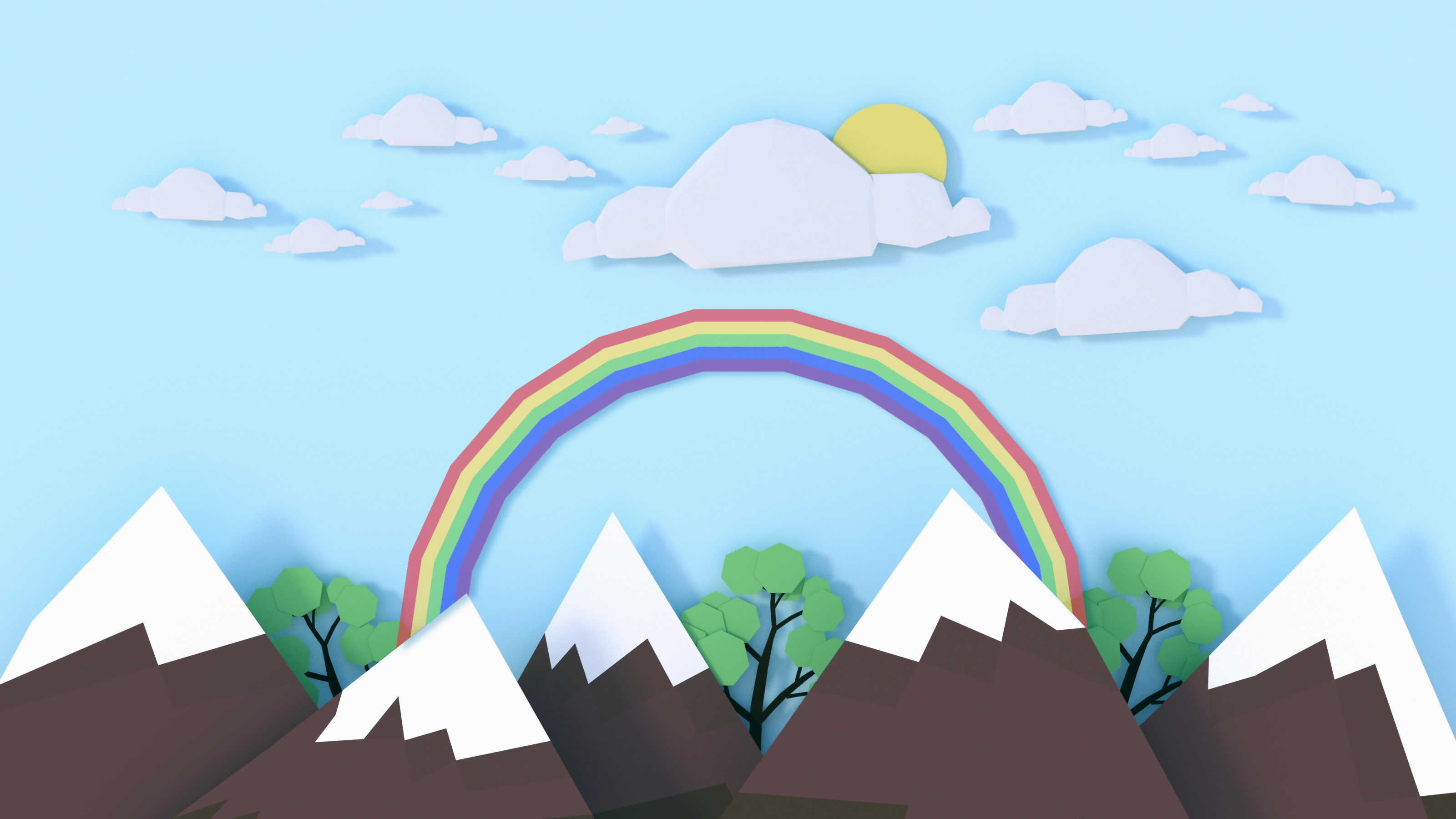 Download mobile wallpaper Cartoon, Landscape, Rainbow, Mountain, Artistic, Low Poly for free.