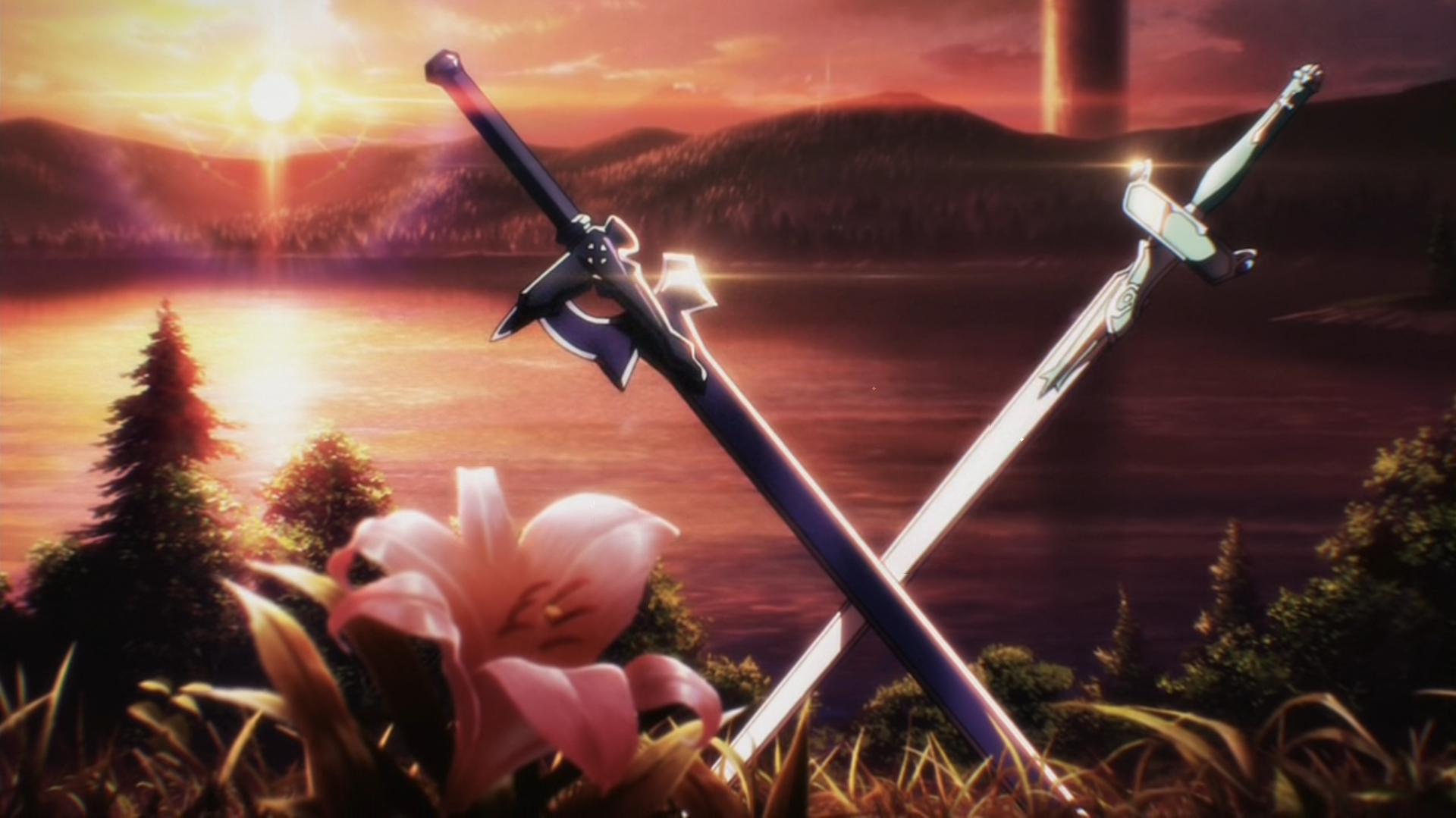 268442 скачать картинку аниме, мастера меча онлайн, закат, цветок, озеро, мечи - обои и заставки бесплатно