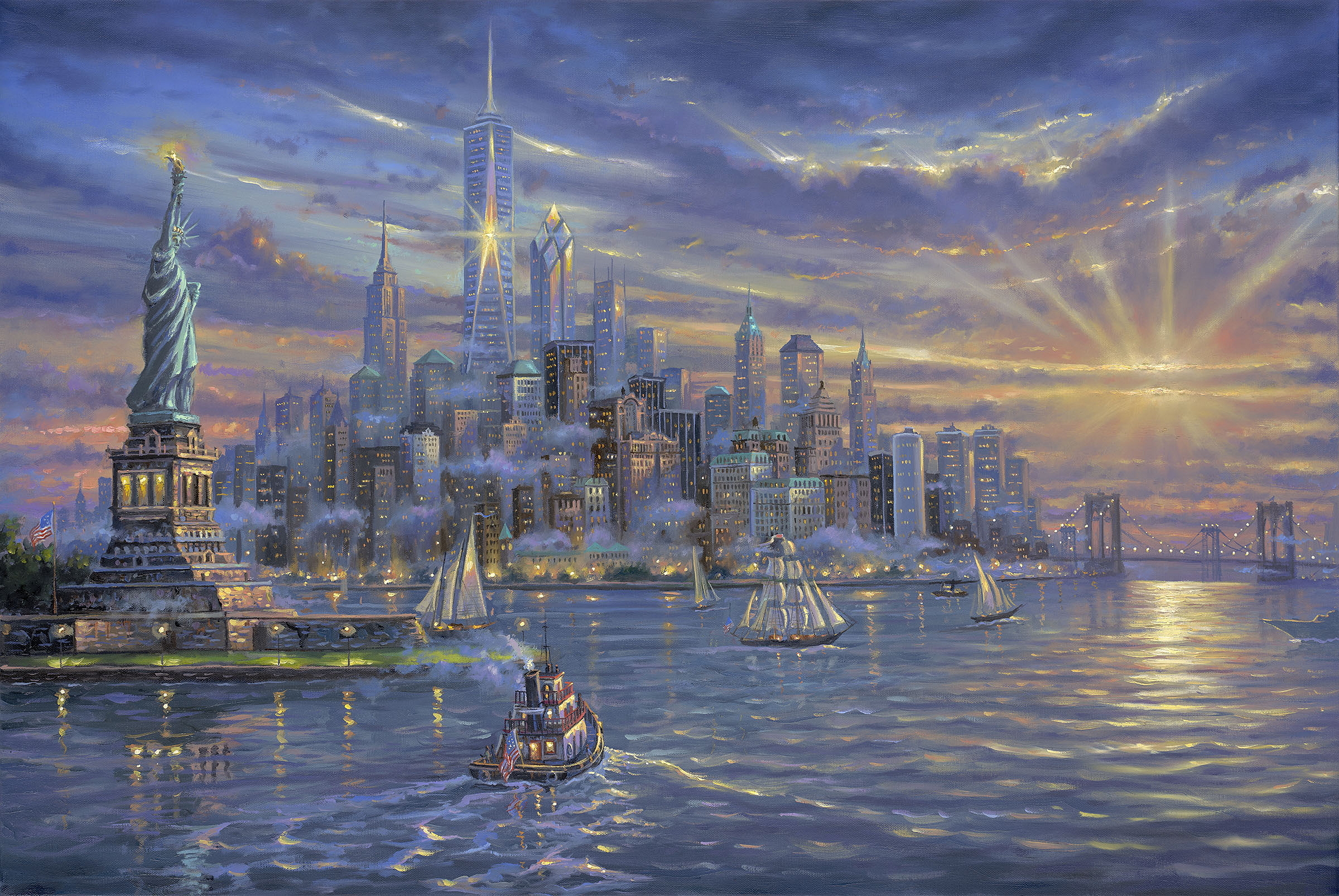 artistic, painting, city, new york, statue of liberty