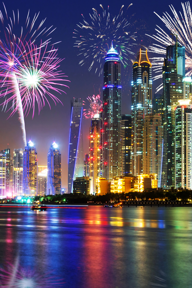 Handy-Wallpaper Gebäude, Dubai, Bunt, Stadtbild, Feuerwerk, Fotografie, Nacht kostenlos herunterladen.